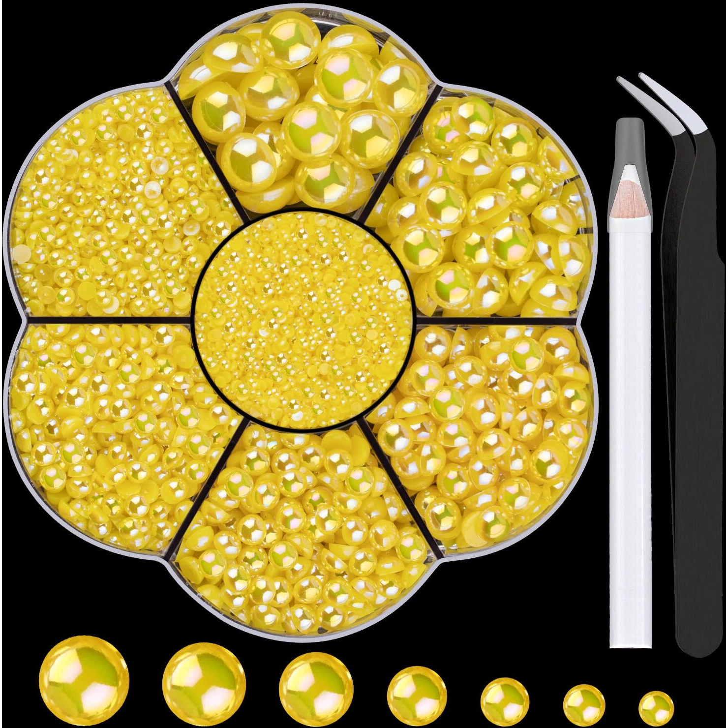 Nail Art Flat Back Half Round Pearl Kits 30, 1 Box Of 6000 Pcs Flat-Back Lemon Yellow Ab Pearl With Tweezer And Picker Pencil For Home Diy Nails Body Face Craft And Salon Use