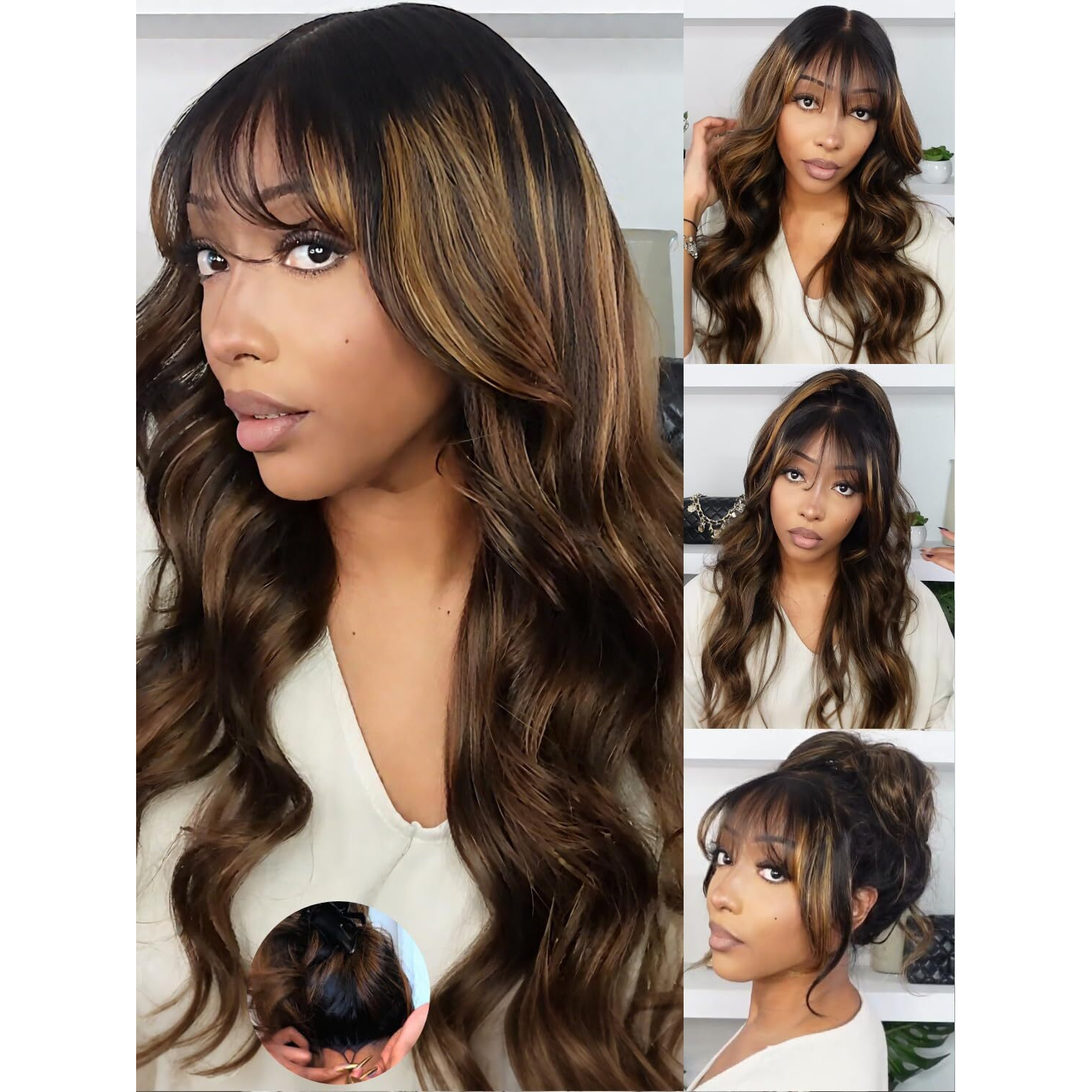 Klaiyi Ombre Brown Loose Body Wave Pre Everything Glueless 13X4 Hd Lace Front Human Hair Wig With Natural Bang Highlight Balayage Brown Precut Lace Pre Plucked Bye Bye Knots Drawstring Wig 180% 22Inch