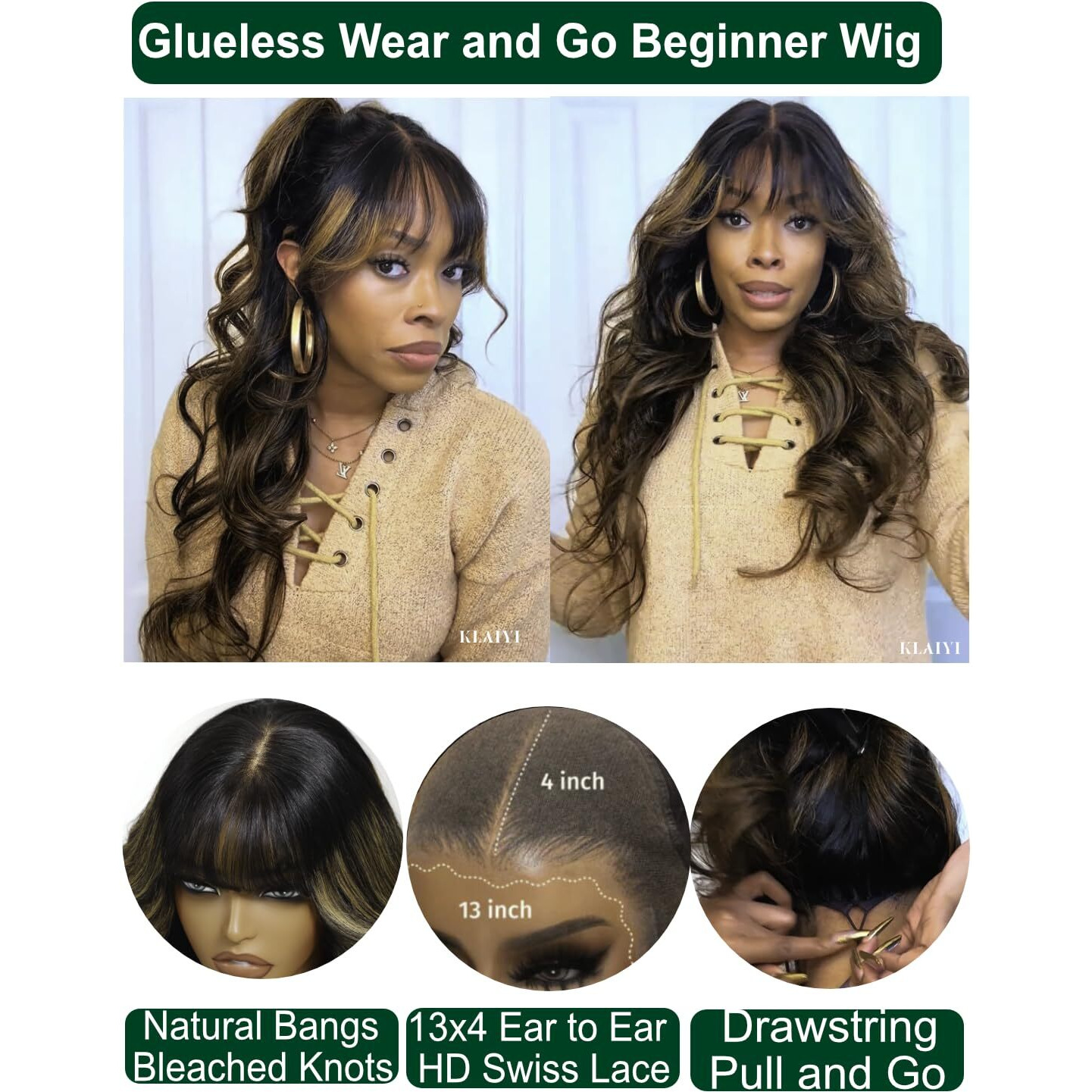 Klaiyi Ombre Brown Loose Body Wave Pre Everything Glueless 13X4 Hd Lace Front Human Hair Wig With Natural Bang Highlight Balayage Brown Precut Lace Pre Plucked Bye Bye Knots Drawstring Wig 180% 22Inch
