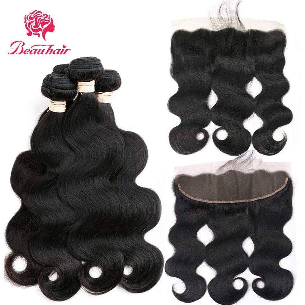 Beauhair Body Wave 3 Bundles With Frontal Human Hair Bundles With Lace Frontal (16 18 20+16 Frontal) Brazilian Body Wave Hair Virgin Hair Ear To Ear 13X4 Frontal Natural Black