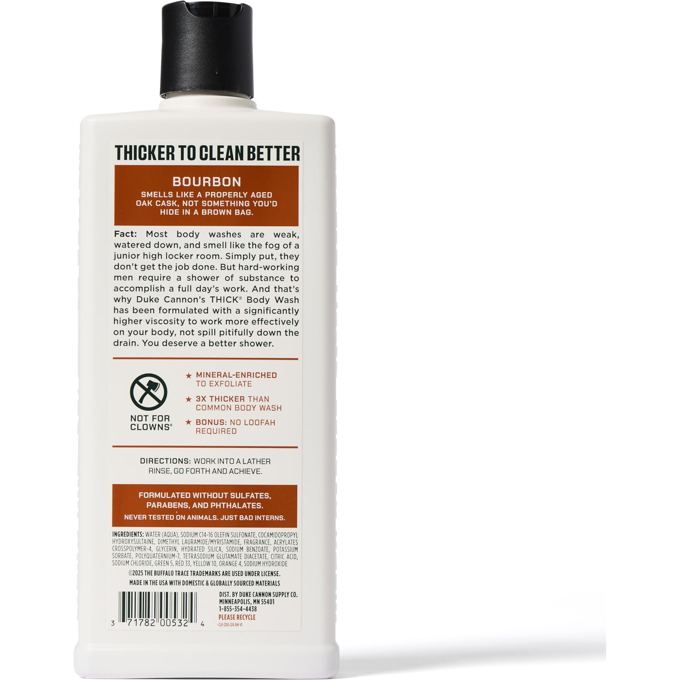 Duke Cannon Supply Co. Thick High Viscosity Body Wash - 3X Thicker, Plant-Based, Mineral-Enriched Body Wash For Men - Big American Bourbon - Mens Body Scrub - Bourbon (18 Oz)
