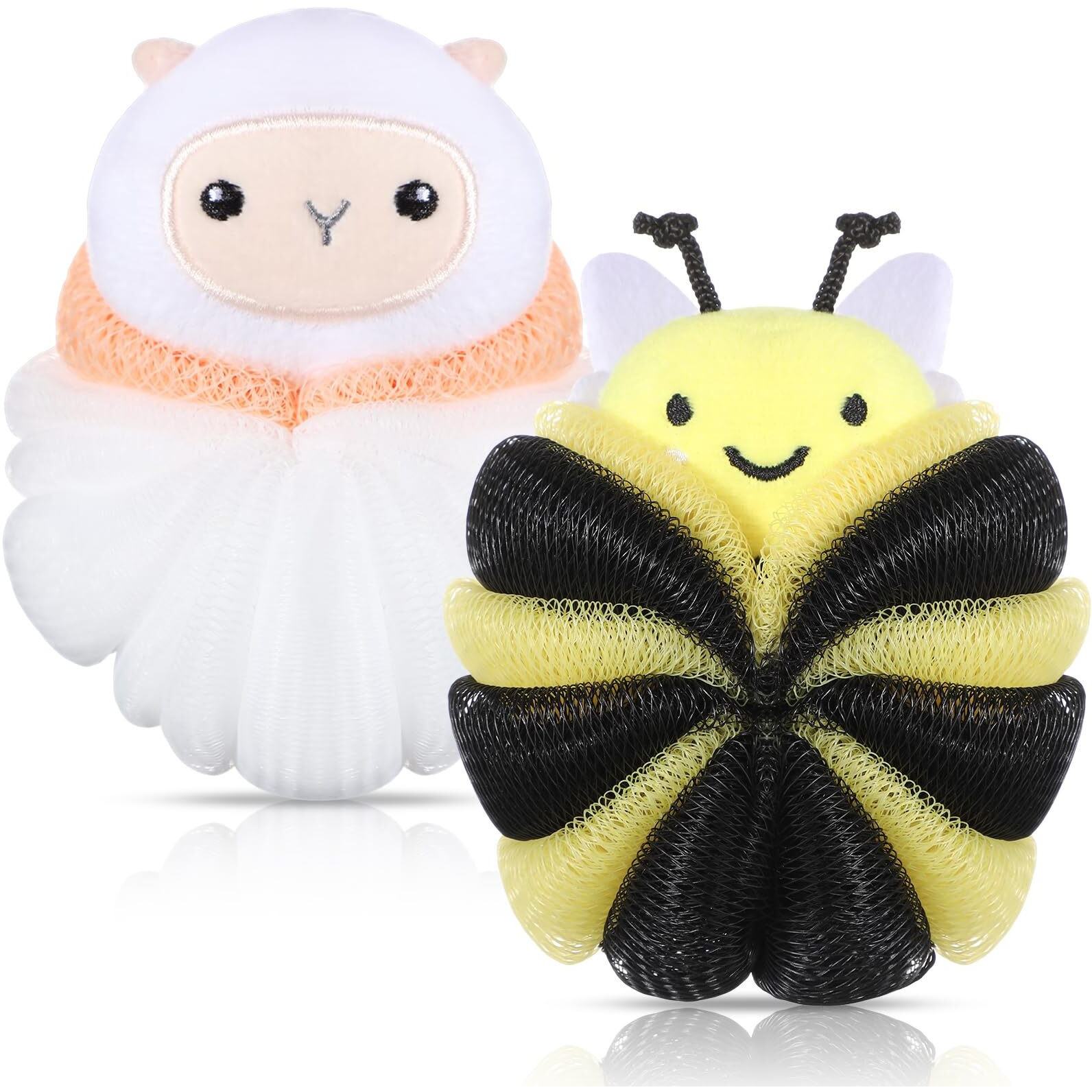 Nuenen 2 Pcs Bath Loofahs Kids Toddler Cute Cartoon Bath Sponges Loofah Pouf Body Scrubber Mesh Sponges For Children Shower Washing Exfoliating (Sheep, Bee)