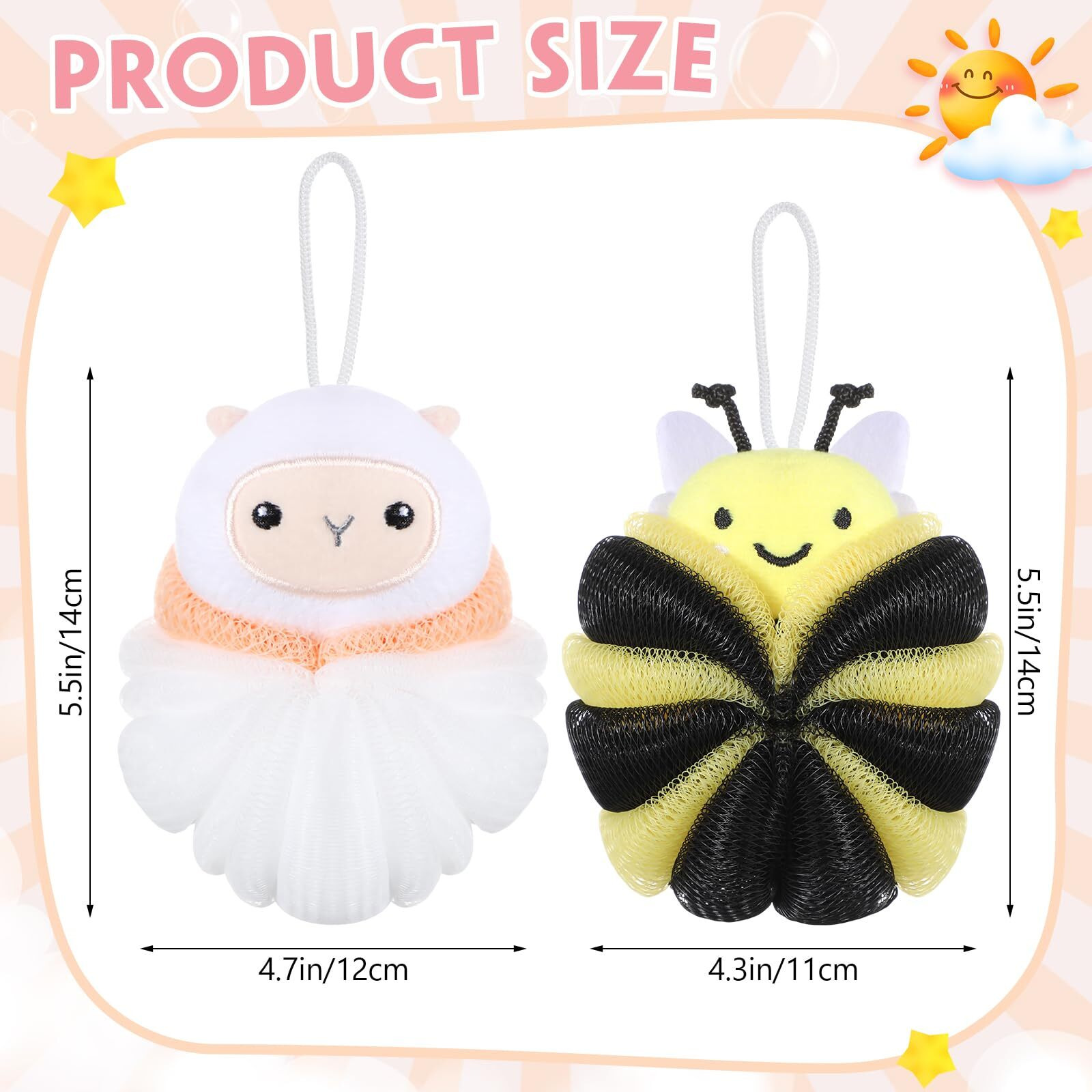 Nuenen 2 Pcs Bath Loofahs Kids Toddler Cute Cartoon Bath Sponges Loofah Pouf Body Scrubber Mesh Sponges For Children Shower Washing Exfoliating (Sheep, Bee)