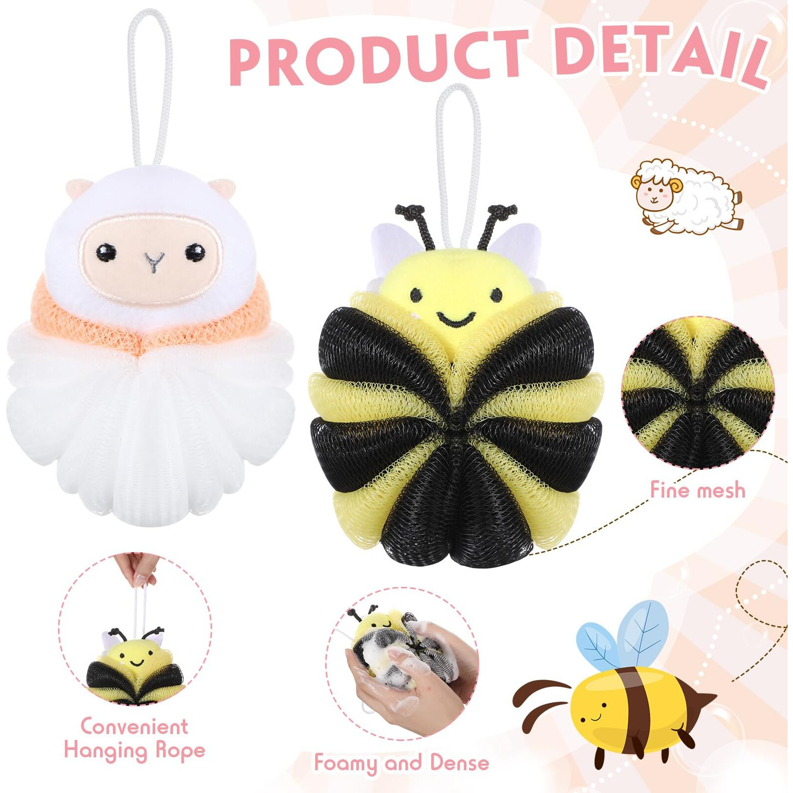 Nuenen 2 Pcs Bath Loofahs Kids Toddler Cute Cartoon Bath Sponges Loofah Pouf Body Scrubber Mesh Sponges For Children Shower Washing Exfoliating (Sheep, Bee)