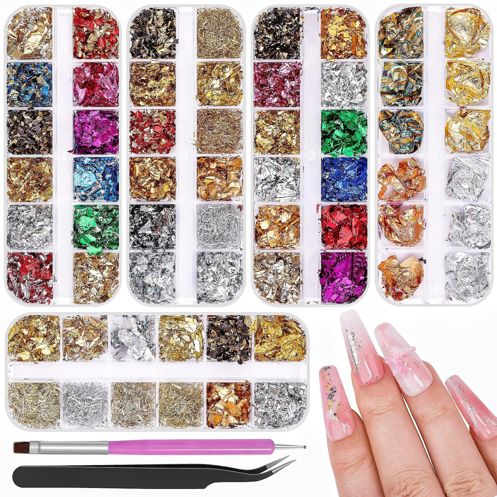 5 Boxes 60 Colors Holographic Nail Art Sequins Kit,Nail Foil Flakes Laser Iridescent Sparkle Hollow Star Butterfly Heart Round Mixed-Shapes Nail Glitter Flakes For Manicure Body Makeup Craft Diy