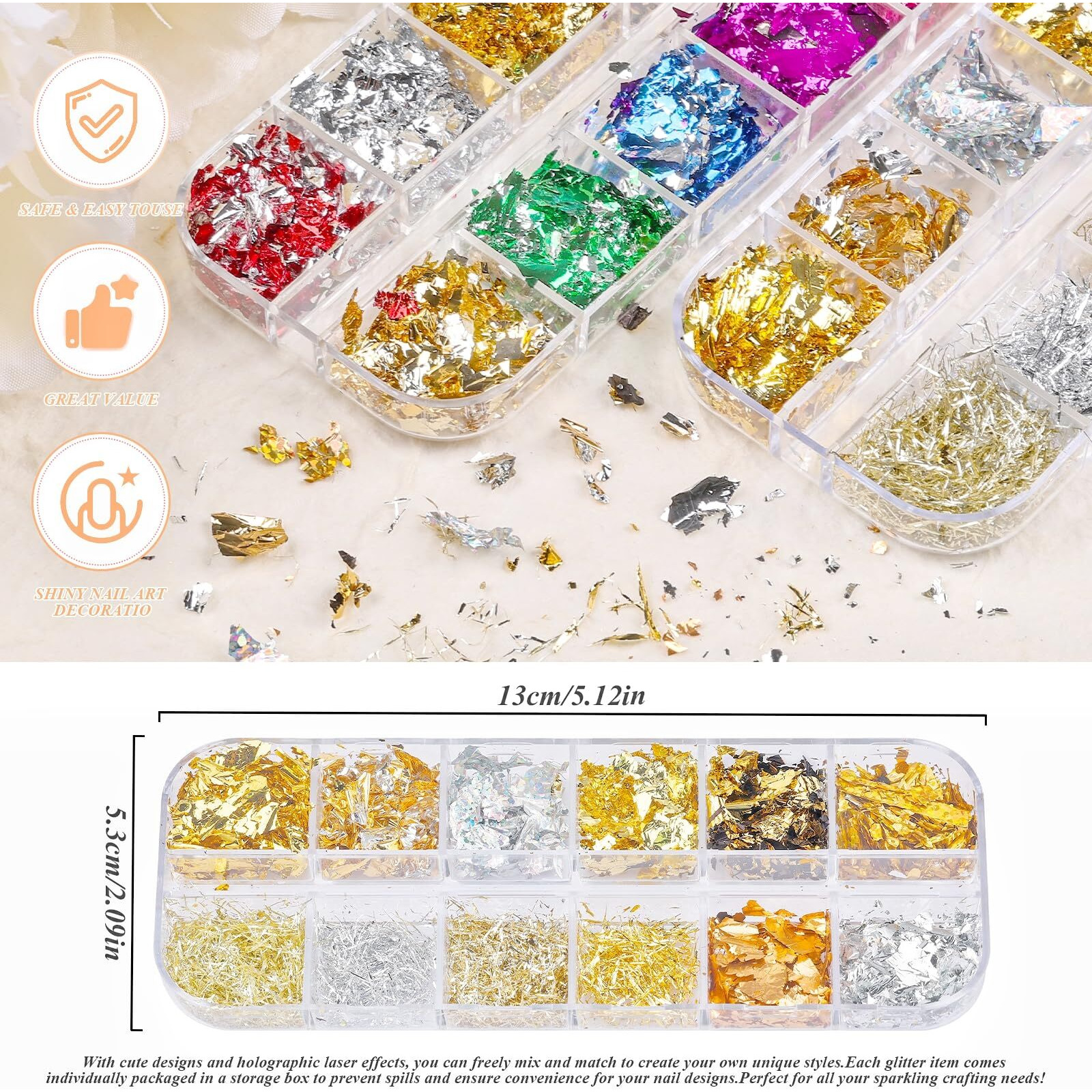5 Boxes 60 Colors Holographic Nail Art Sequins Kit,Nail Foil Flakes Laser Iridescent Sparkle Hollow Star Butterfly Heart Round Mixed-Shapes Nail Glitter Flakes For Manicure Body Makeup Craft Diy