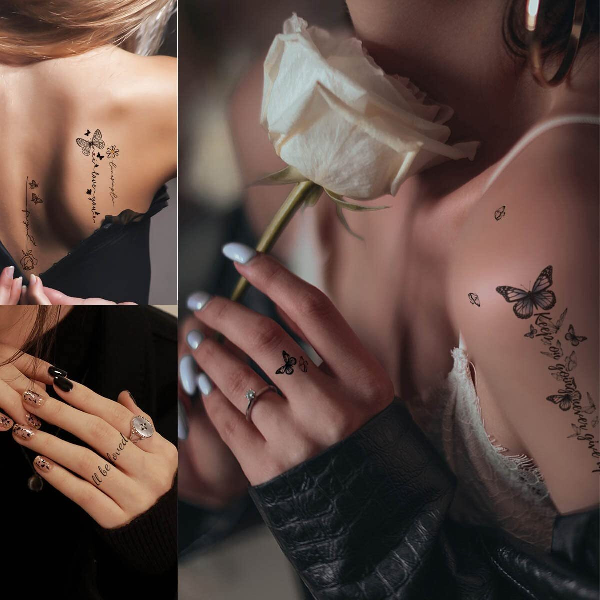 Viwieu Realistic Temporary Tattoos Flower Butterfly Daisy Bird Inspiration Sayings Body Art For Adult Women Girls 15 Sheets, Waterproof Finger Hand Arm Chest Shoulder Clavicle Lower Back Body D  Cor