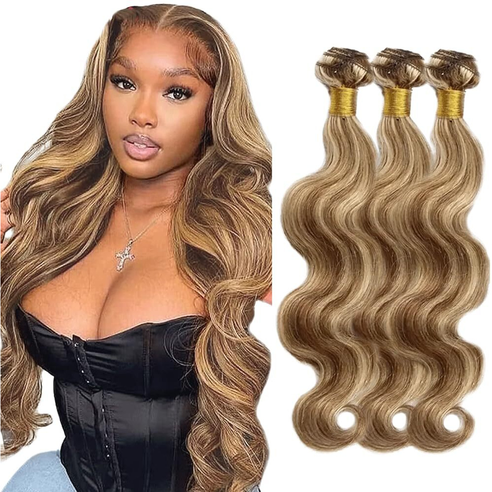 Ombre Bundles P4613 Body Wave Human Hair Bundle 8A Highlight Hair Weave Two Tone Dark Brown And Blonde Bundle 613 Blonde Body Wave 3 Bundles 32 32 32 Inch