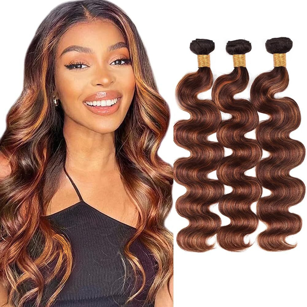 Brown Bundles Human Hair Highlight Brown Body Wave Bundles 28 30 32 Inch P4/30 Ombre Human Hair Bundle Soft And Healthy Brazilian Virgin Remy Hair Extensions Natural Look