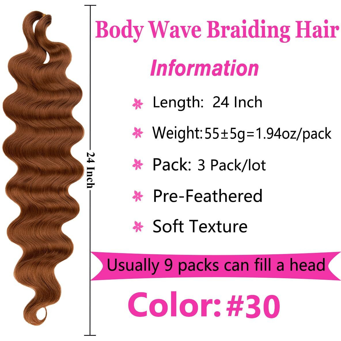 Cookoo 3 Packs Body Wave Braiding Hair 24 Inch Pre-Feathered Bouncy Wavy Braiding Hair French Curl Wavy Crochet Hair Synthetic Hair Extensions For Boho Box Braids(30)
