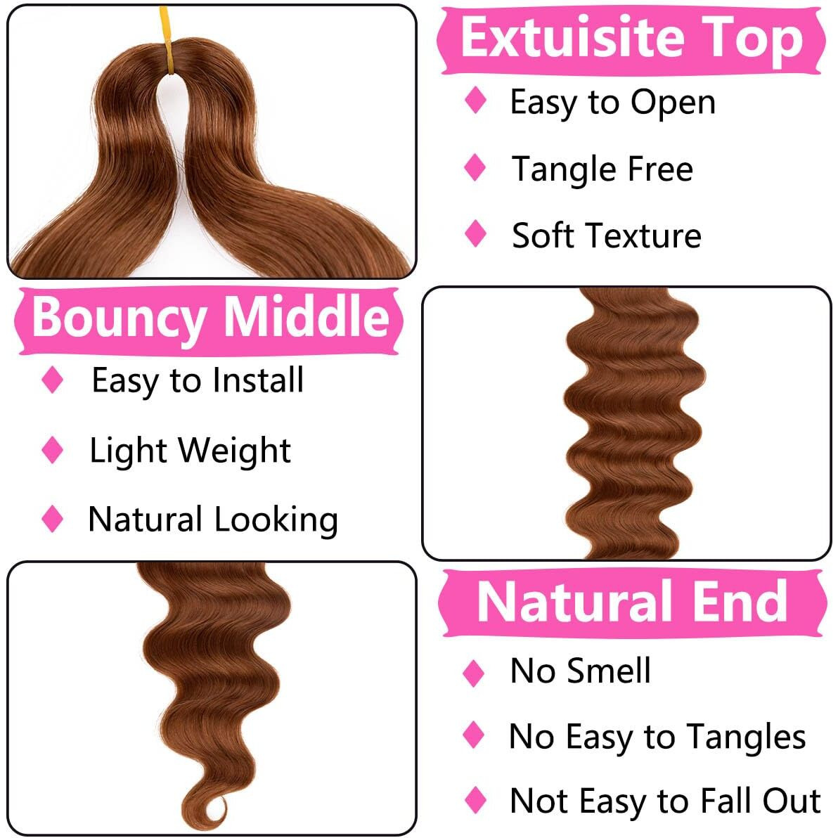 Cookoo 3 Packs Body Wave Braiding Hair 24 Inch Pre-Feathered Bouncy Wavy Braiding Hair French Curl Wavy Crochet Hair Synthetic Hair Extensions For Boho Box Braids(30)