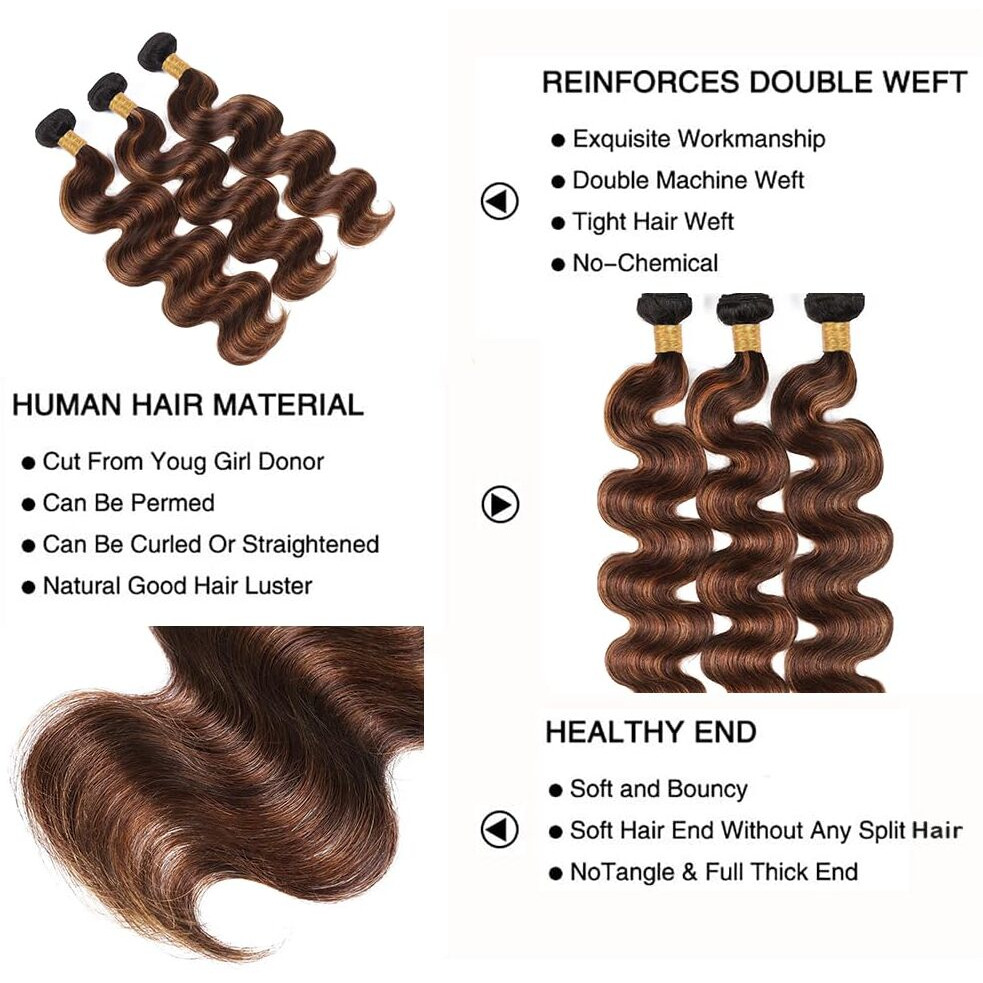 Chocolate Brown Human Hair Bundles With Highlights Human Hair 24 26 28 Inch P4/30 Brown Body Wave Bundles Double Weft Brazilian Virgin Remy Hair Extensions Soft And Healthy