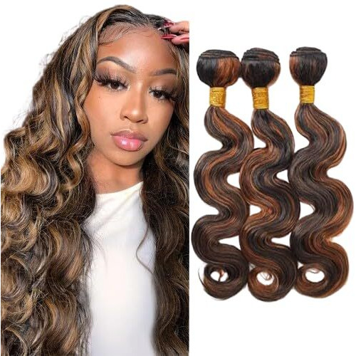 Niciitysi Highlight P1B30 Human Hair Brown Body Wave Bundles 22 24 26 Inch Double Weft Brazilian Hair Extensions Ombre Two Tone Black Mixed Brown Bundles Silky And Soft For Women