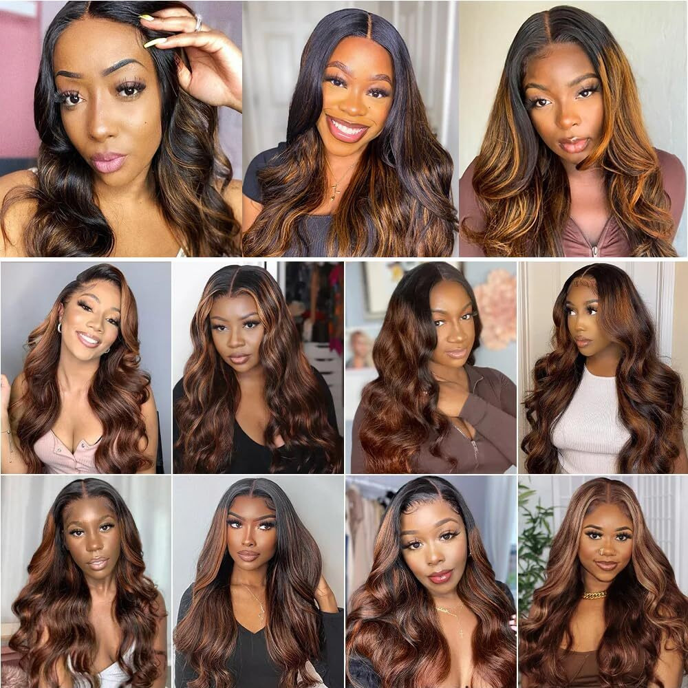 Niciitysi Highlight P1B30 Human Hair Brown Body Wave Bundles 22 24 26 Inch Double Weft Brazilian Hair Extensions Ombre Two Tone Black Mixed Brown Bundles Silky And Soft For Women