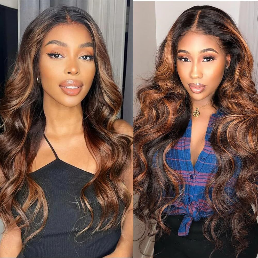 Niciitysi Highlight P1B30 Human Hair Brown Body Wave Bundles 22 24 26 Inch Double Weft Brazilian Hair Extensions Ombre Two Tone Black Mixed Brown Bundles Silky And Soft For Women