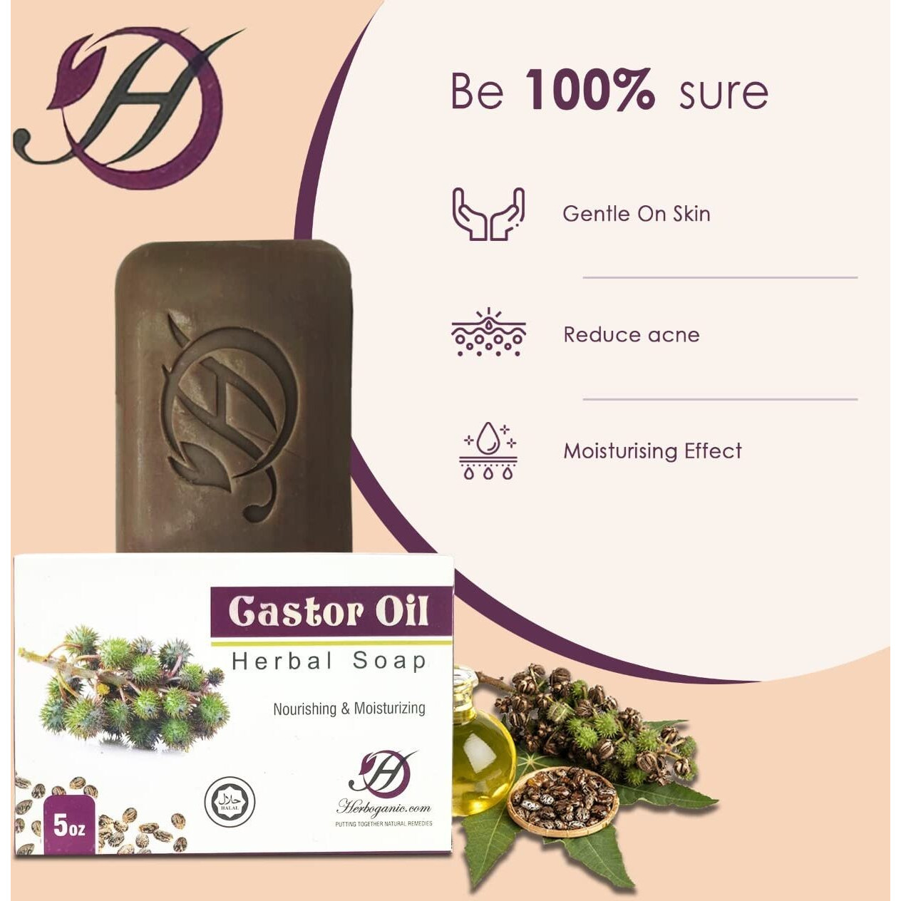 Herboganic Castor Oil Herbal Soap | 3 Pack Natural Bar Soap For Face And Body | Nourishing And Rejuvenating | Infused With Castor Oil | Gentle For Men And Women | 5 Oz