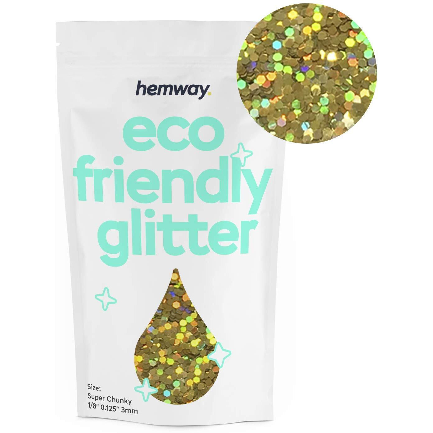 Hemway Eco Friendly Biodegradable Glitter 100G / 3.5Oz Bio Cosmetic Safe Sparkle Vegan For Face, Eyeshadow, Body, Hair, Nail And Festival Makeup - Super Chunky (1/8"" 0.125"" 3Mm) - Gold Holographic