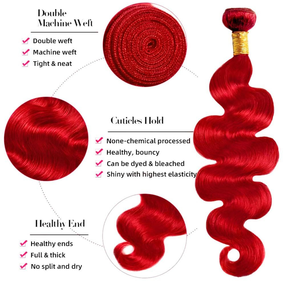 Red Bundles Human Hair Body Wave Bundles 22 24 26 Inch 3 Bundle Unprocessed Brazilian Virgin Hair Burgundy Body Wave Human Hair Extensions 50 Gram Per Bundle