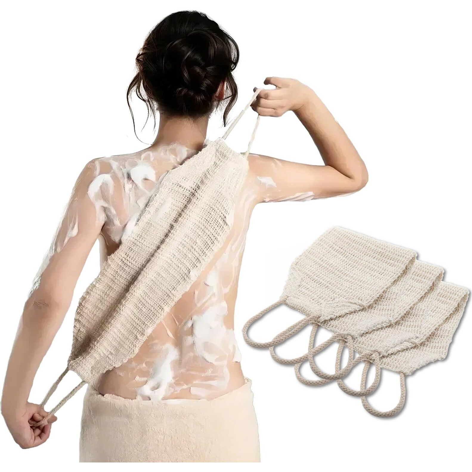 Marrassa Natural Sisal & Ramie Exfoliating Body Scrubber For Shower With Handle(3 Pcs) - Deep Cleanse Back Scrubber, Scrub Spa Tool For Glowing Skin & Whole Body Care (3Pcs)