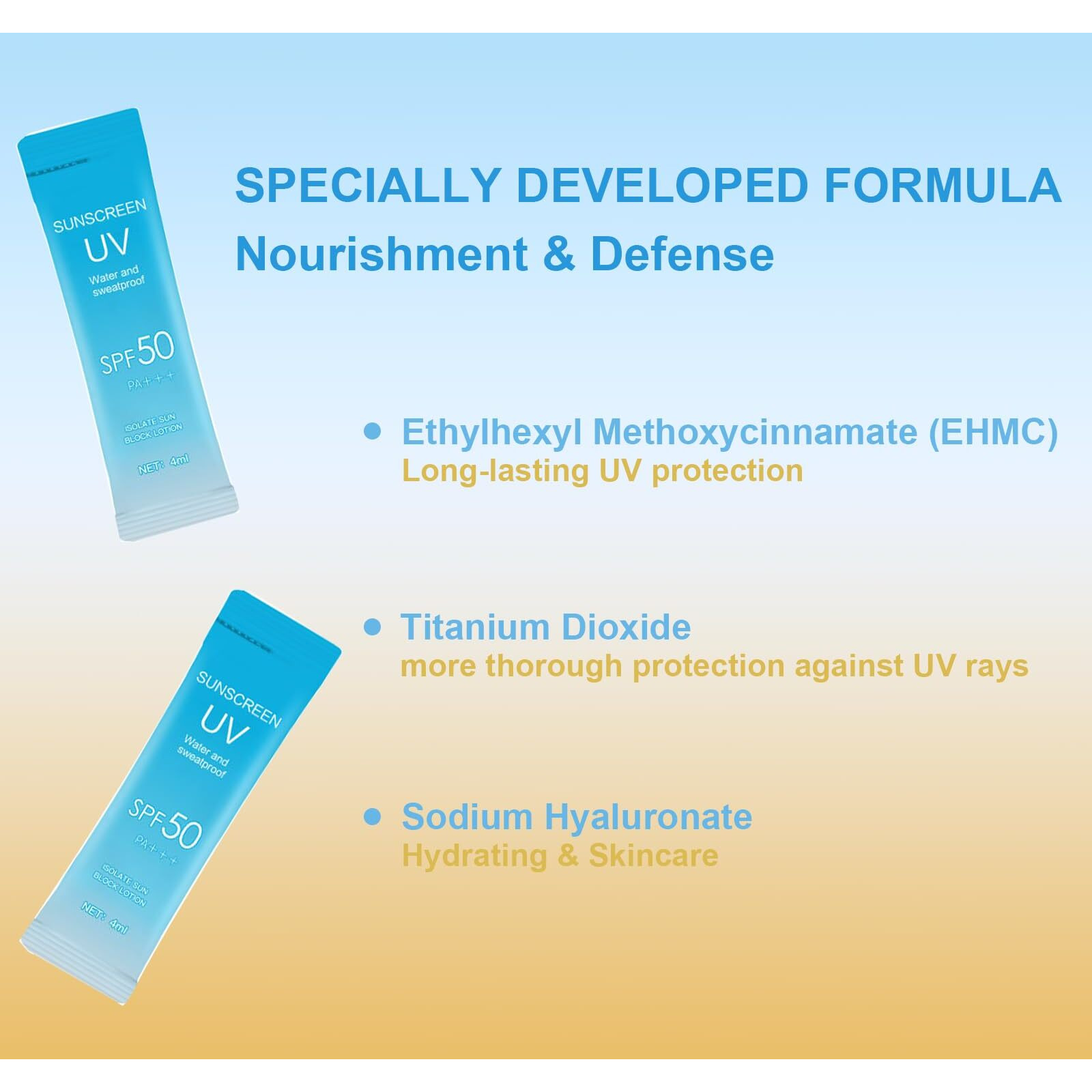 40Pcs Mini Sunscreen With Hyaluronic Acid, Spf50+ Pa+++ Travel Size Sunscreen Bulk (4Ml Each), Lightweight & Non-Greasy & Hydrating, Waterproof Face & Body Sunscreen For Outdoor, Vacation, Daily Use