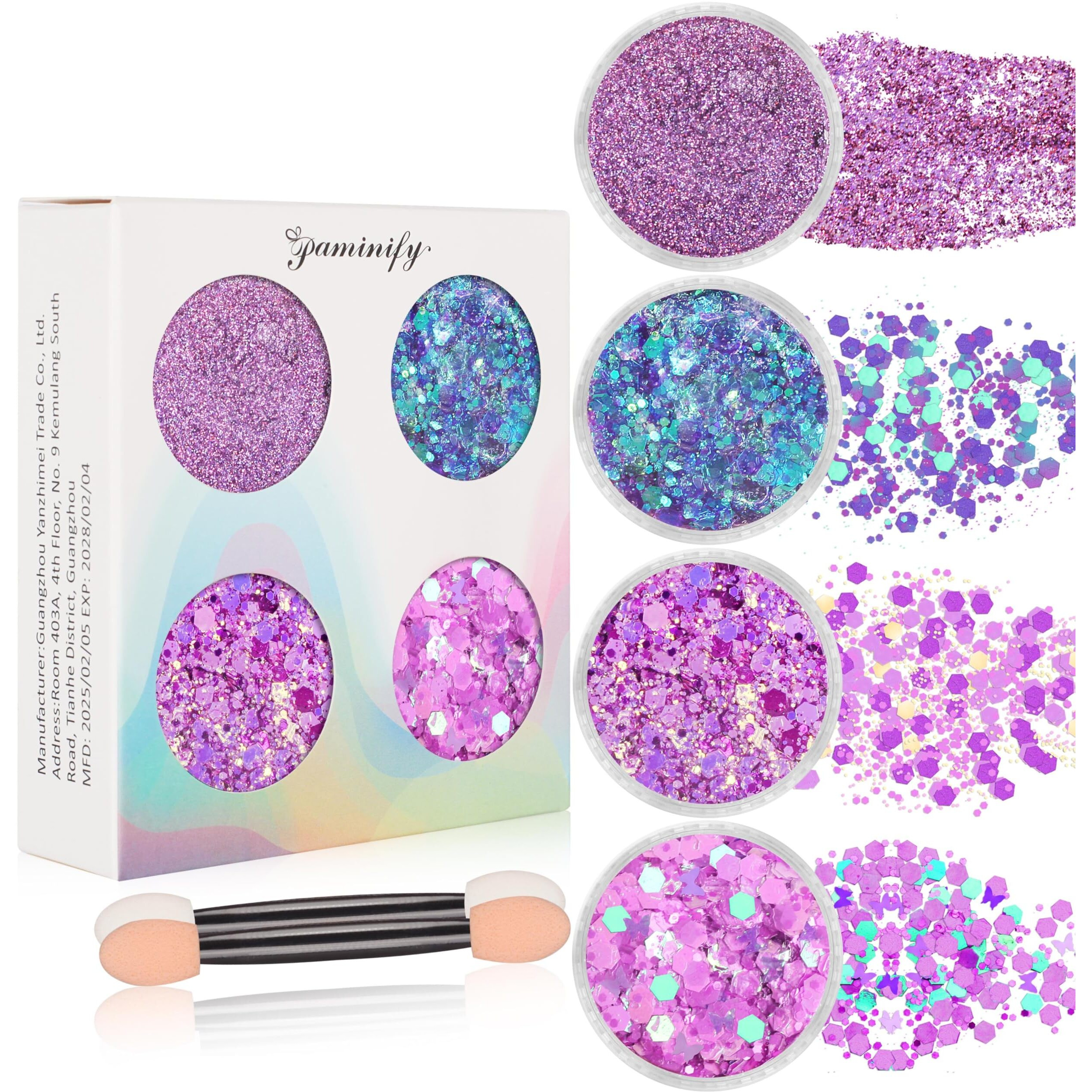 Paminify Purple Face Glitter Gel,4 Styles Butterfly Style Body Glitter Mermaid Costume For Kids,Mardi Gras Outfit For Women,Sparkling Hair Glitter Makeup Rave Festival Accessories,40G/1.41 Oz