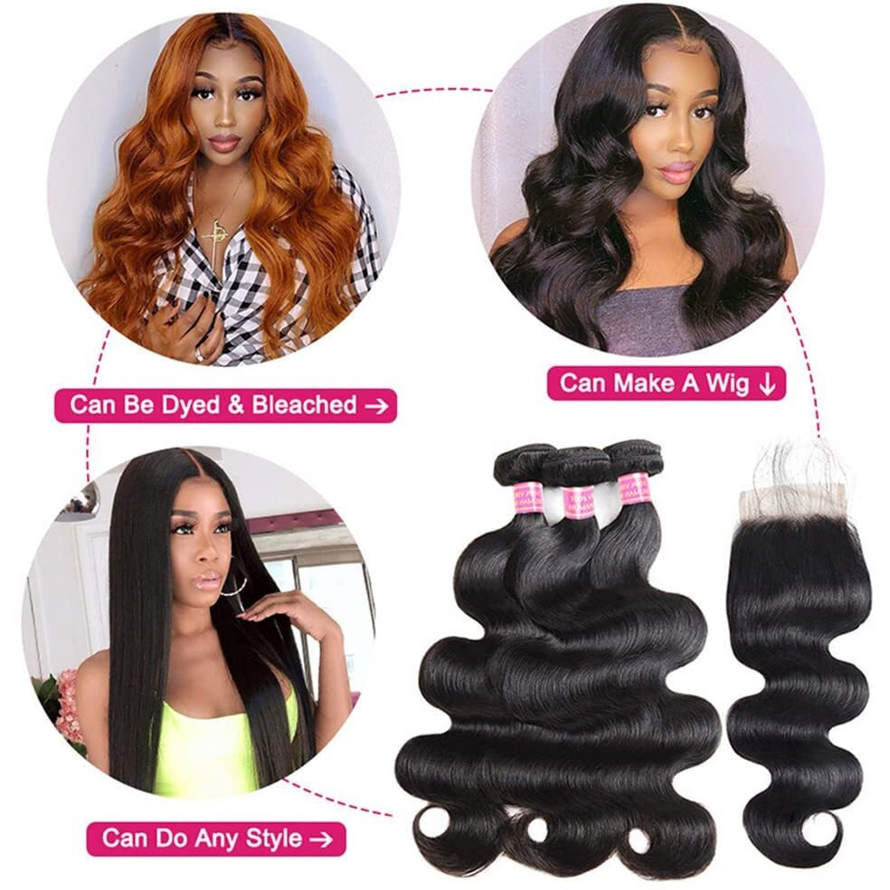 Brazilian Human Hair 3 Bundles With Closure(20 22 24+18)Body Wave 100% Unprocessed Virgin Hair Bundles With 4X4 Lace Closure Free Part Natural Black Color