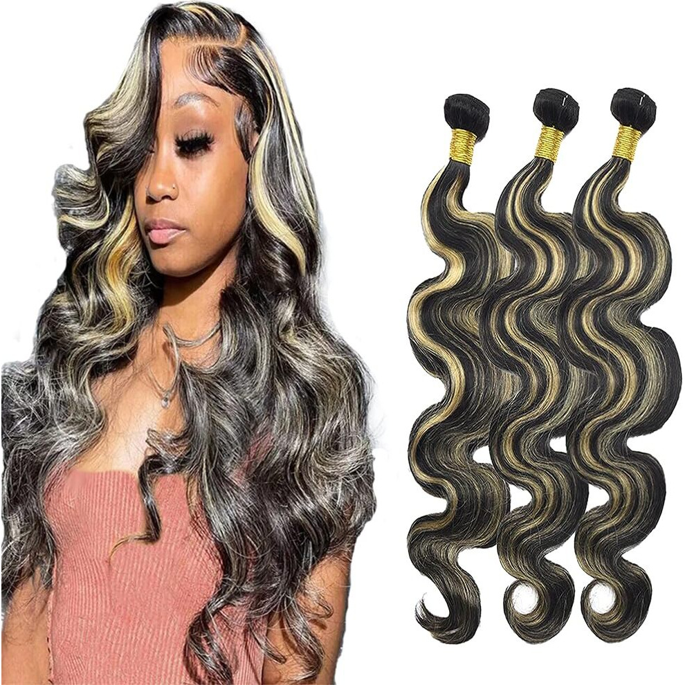 Niciitysi Highlight Human Hair P1B27 Body Wave Bundles 24 26 28 Inch Double Weft Brazilian Hair Extensions Ombre Two Tone Black Mixed With Blonde Bundles For Women