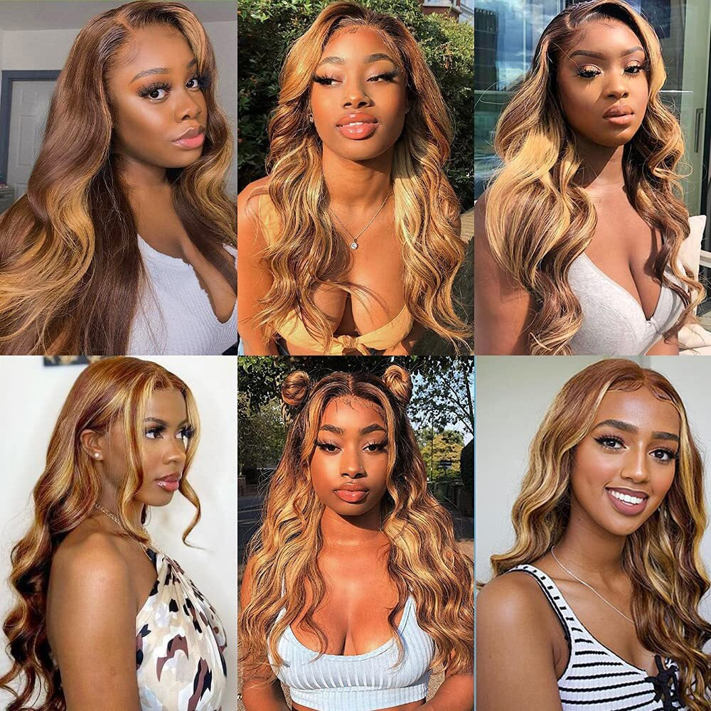 P4/27 Blonde Bundles Human Hair Body Wave Bundles Human Hair 22 24 26 Inch Brazilian Hair 3 Bundle Highlight Brown Unprocessed Virgin Remy Hair Extensions 50 Gram Per Bundle