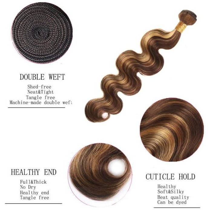 P4/27 Blonde Bundles Human Hair Body Wave Bundles Human Hair 22 24 26 Inch Brazilian Hair 3 Bundle Highlight Brown Unprocessed Virgin Remy Hair Extensions 50 Gram Per Bundle
