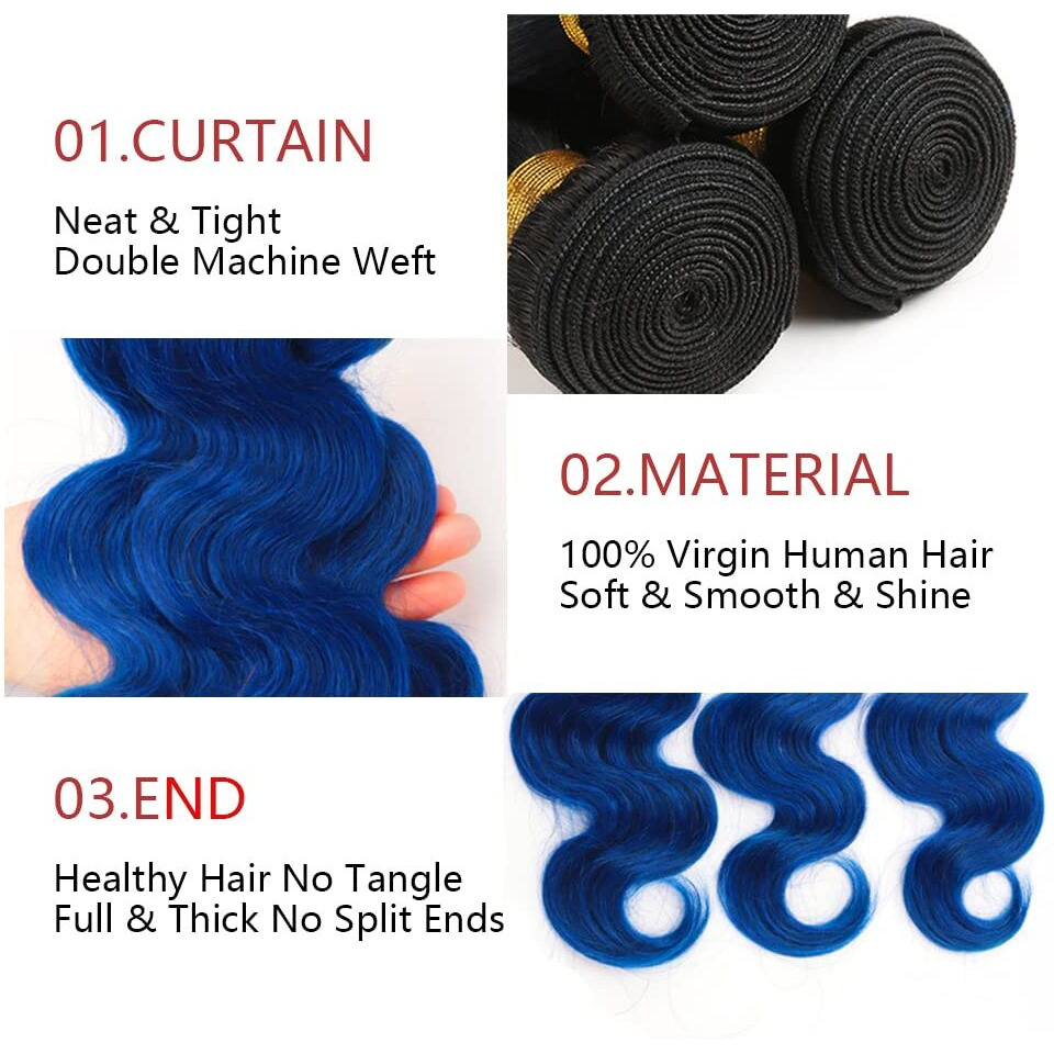 Blue Body Wave Bundles Ombre Human Hair Bundle Tow Tone Black To Blue Bundles 100% Unprocessed Virgin Hair Extensions 10 12 14 Inch