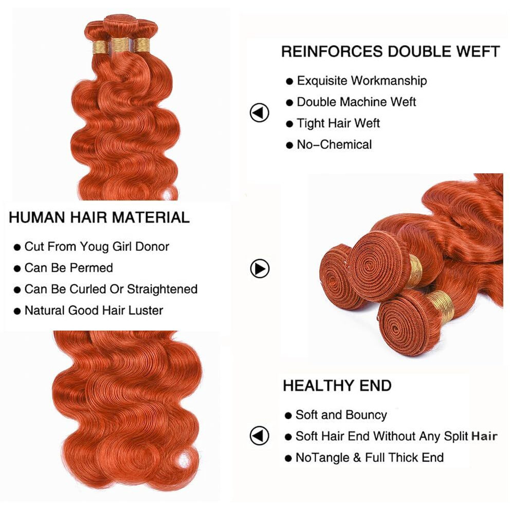 Ginger Bundles Color 350 Orange Body Wave Human Hair Bundle Ginger Orange Human Hair 3 Bundles 12 14 16 Inch Color 350 Orange Body Wave Bundle For Black Women