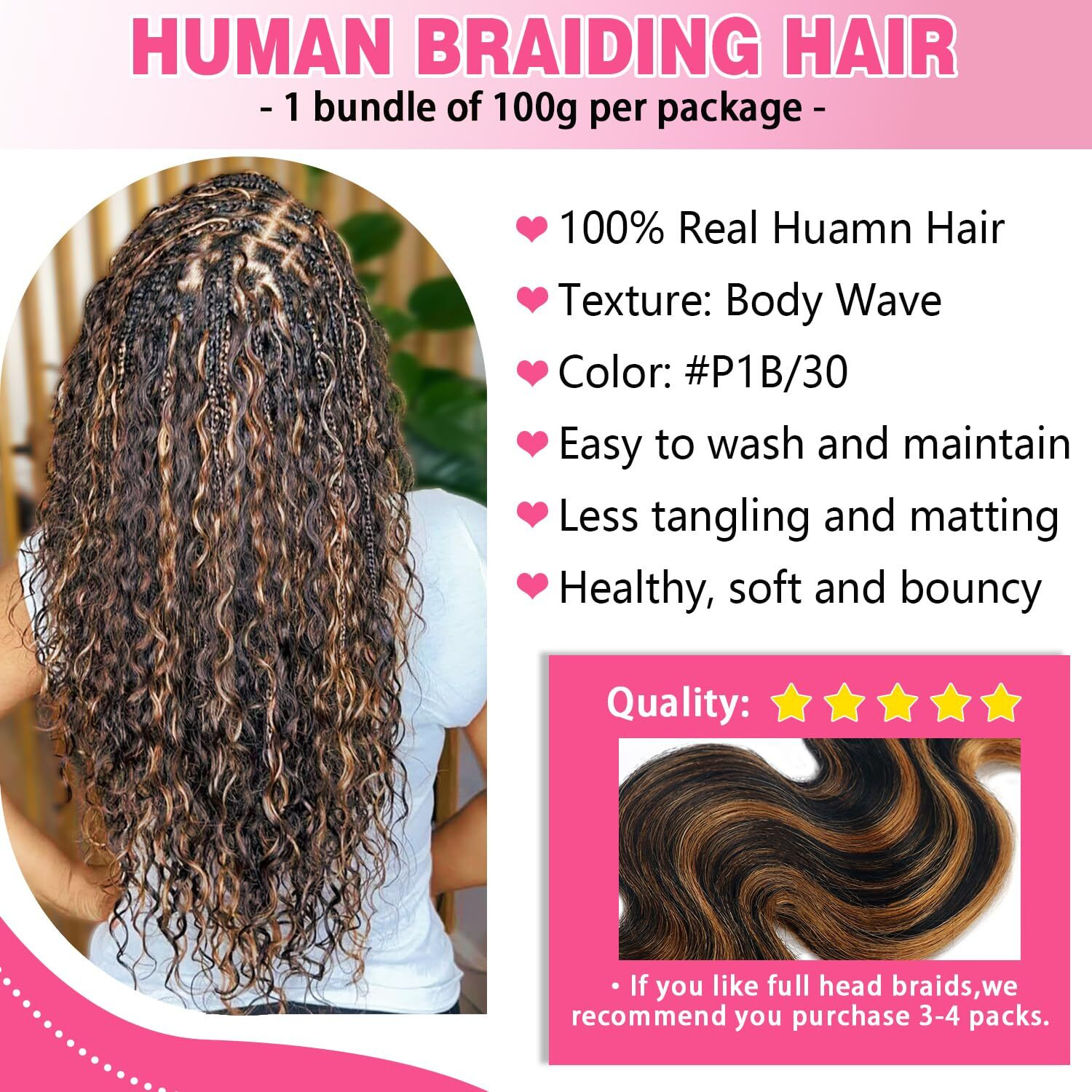 Liqusee Body Wave Curly 1B/30 Human Braiding Hair 100G One Bundle/Pack Bulk Human Hair For Braiding No Weft Human Hair Braiding Hair For Boho Braids (20 Inch, Body Wave 1B/30)