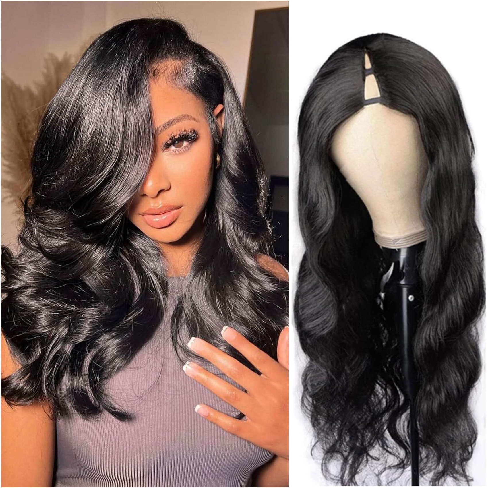 V Part Wig Human Hair Body Wave Glueless No Leave Out Upgrade 18 Inch U Part Wigs Human Hair Clip In Half Wigs 100% Real Human Hair Elastic Drawstring For Women 180% Density Nutural