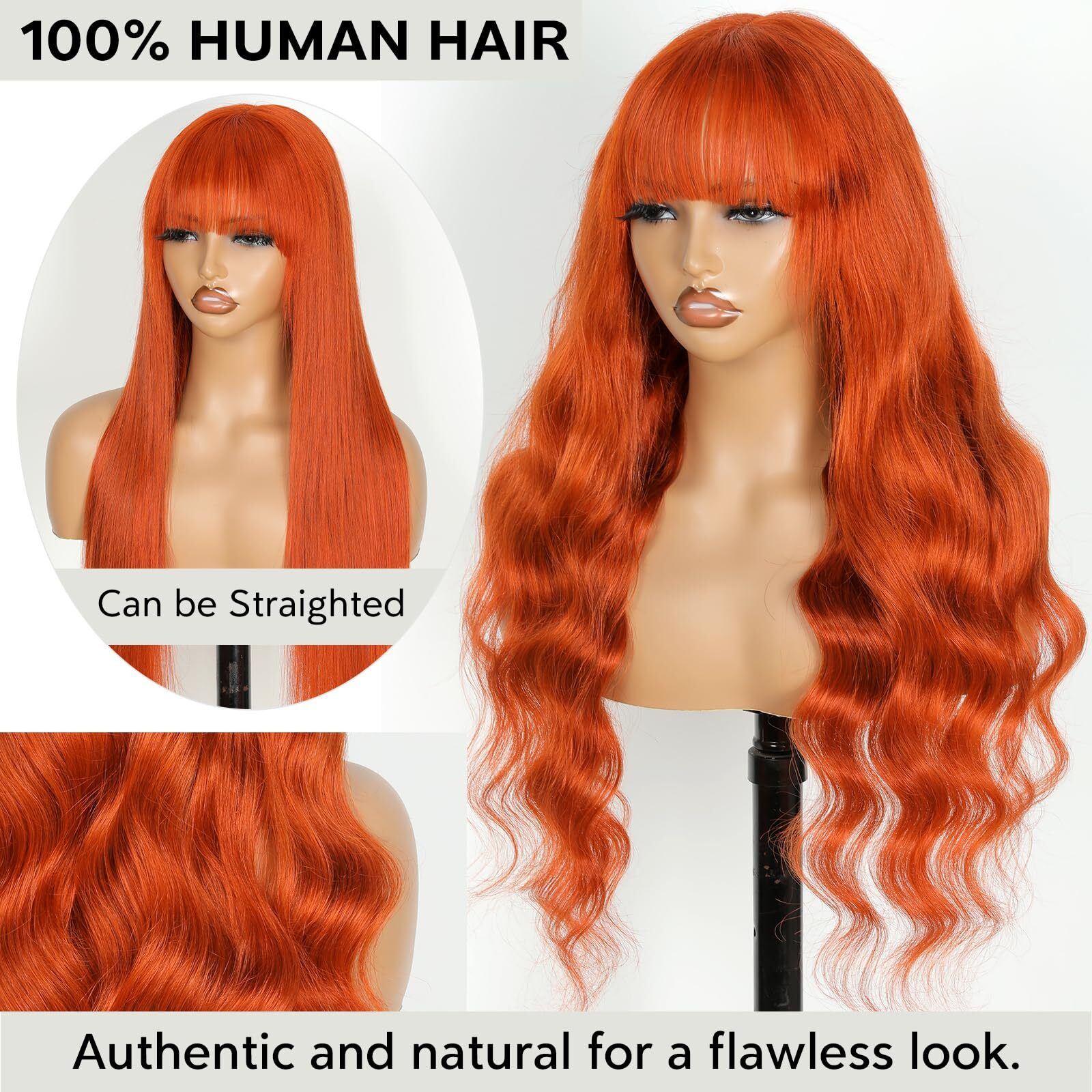 Ruiyu Ginger Orange Human Hair Wig With Bangs 2X4 Hd Lace Closure Ready To Wear And Go Glueless Wigs With Bangs 350 Body Wave 100% Brazilian Human Hair Wig Colored For Women 24 Inch