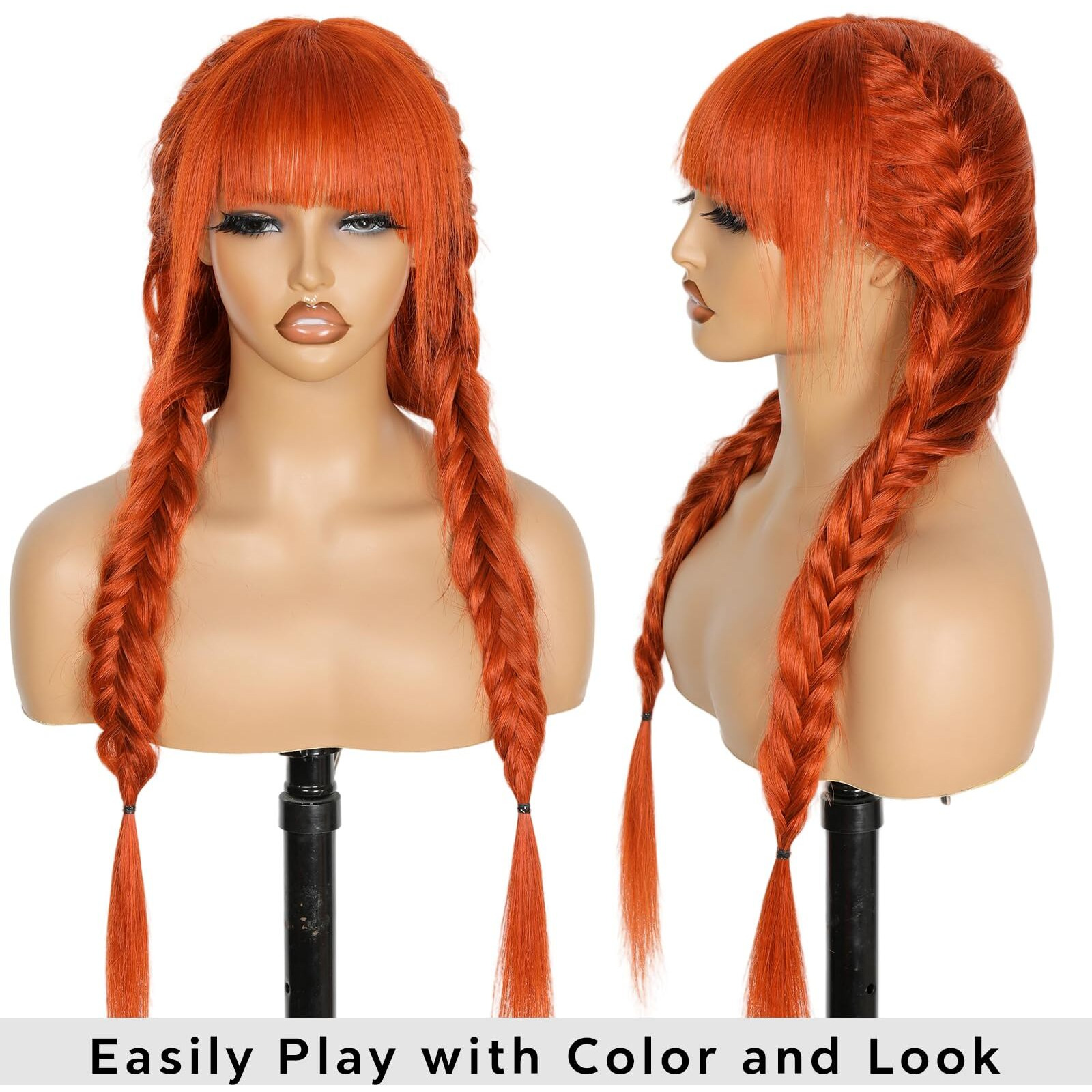 Ruiyu Ginger Orange Human Hair Wig With Bangs 2X4 Hd Lace Closure Ready To Wear And Go Glueless Wigs With Bangs 350 Body Wave 100% Brazilian Human Hair Wig Colored For Women 24 Inch