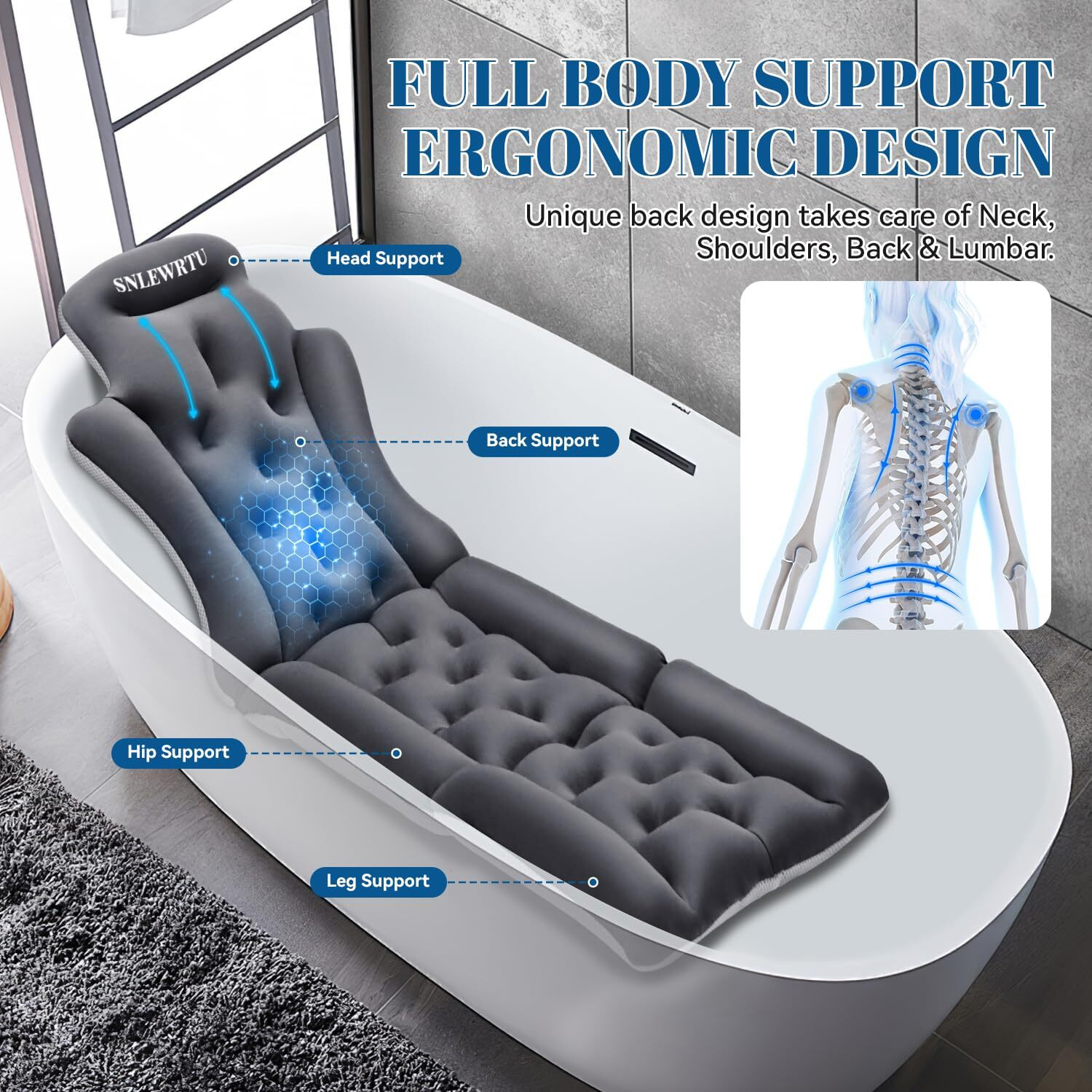 Full Body Bath Pillow For Bathtub, Thick & Luxury Bathtub Cushion With 192 Suction Cups, Bathtub Pillows For Head & Neck, Back Support, Ideal Bath Accessories For Women' Gifts Spa, Soaking, Tub