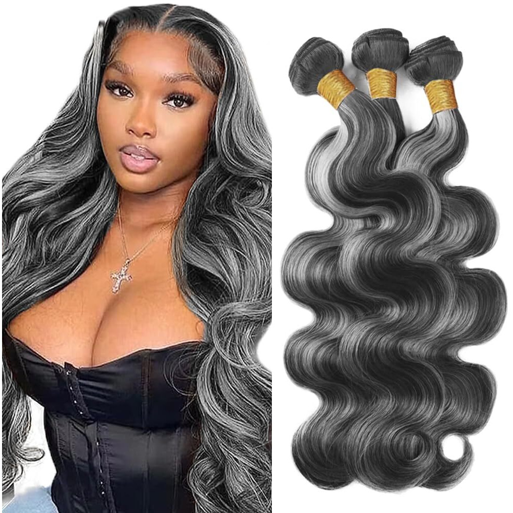 P1Bgrey Bundles Highlight Body Wave Human Hair Bundle Grey Hair Weave Two Tone Black And Foxy Silver 3 Bundles 24 24 24 Inch 1Bgray Ombre Body Wave Bundle