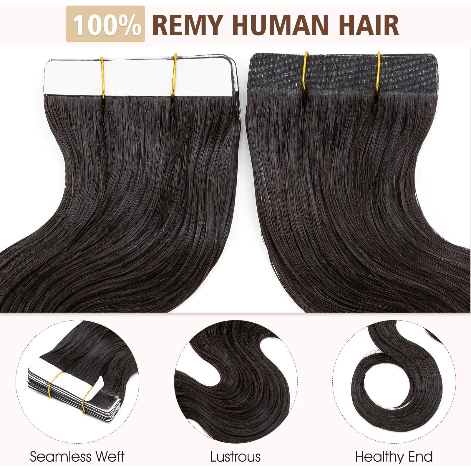 Hairro Tape In Hair Extensions Real Hair Wavy 16 Inch 50G 20Pcs/Pack Long Body Wave Thin Silky Seamless Skin Weft Glue In Human Hairpieces Gentle Black