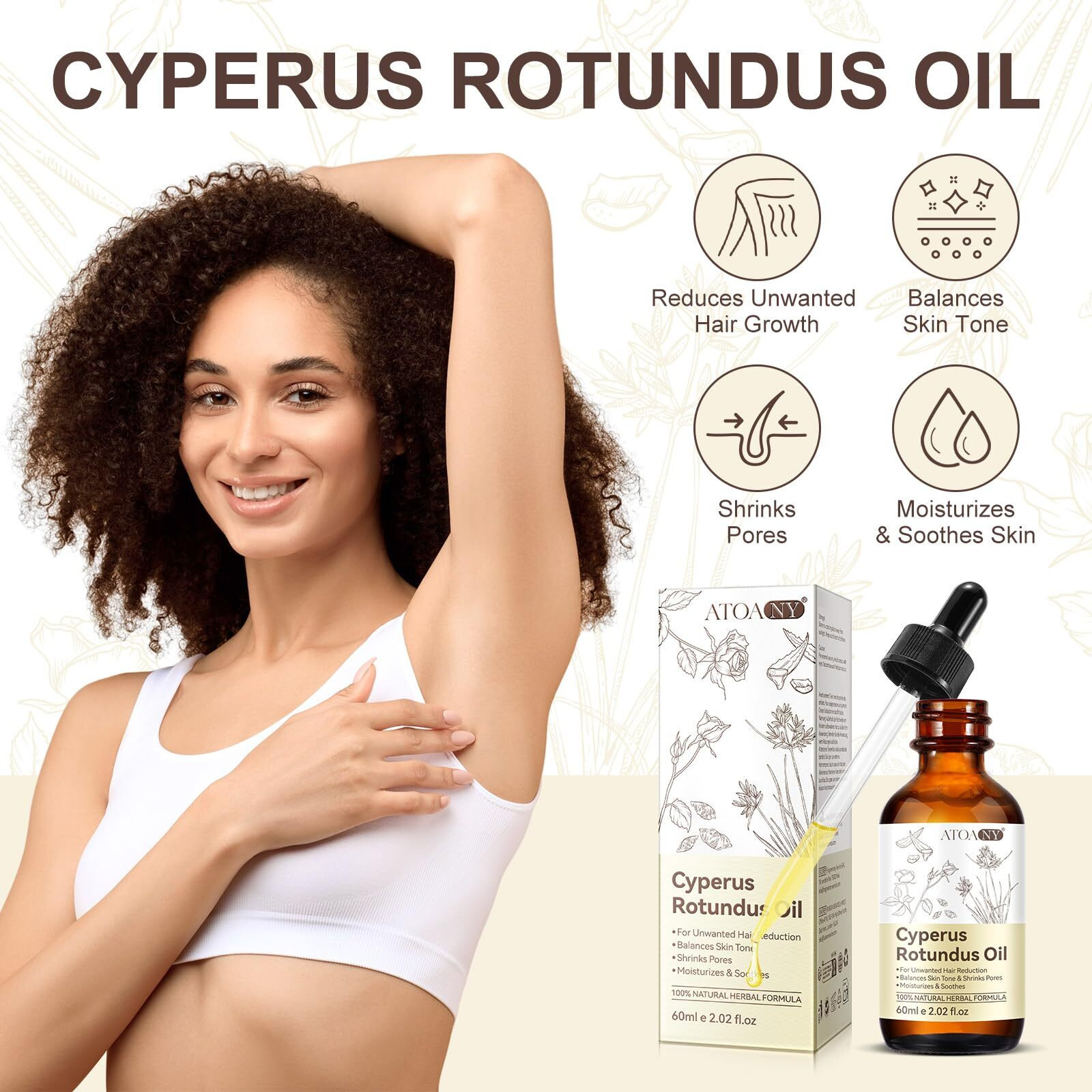 Cyperus Rotundus Oil, Natural Nut Grass Cyprus Oil For Reducing Body Hair Growth, Smooth Skin & Hairs Removal, Moisturizing & Soothing For All Skin Types, Hair Removal Solution - 2.02 Oz(2)