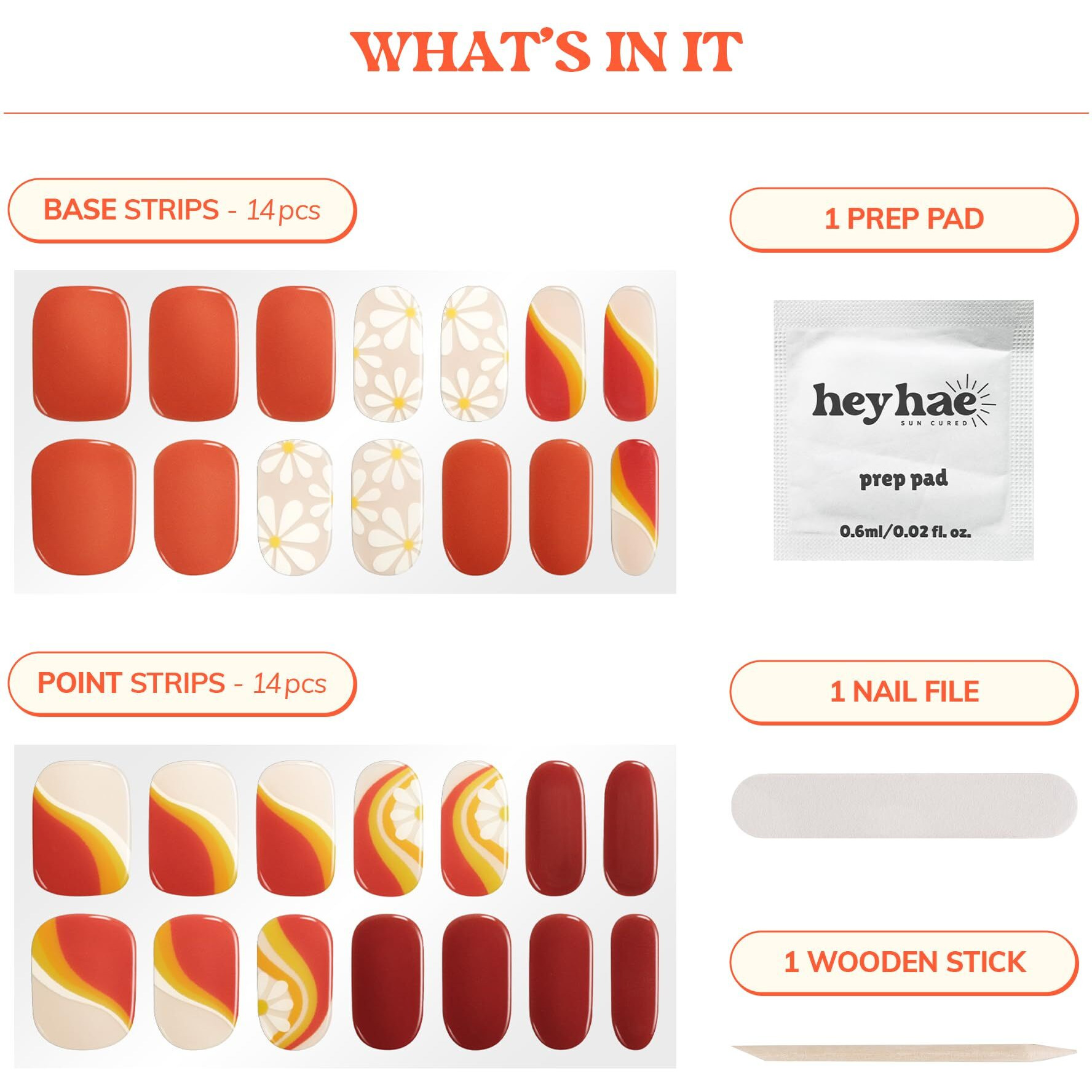 Heyhae Semi Cured Gel Nail Strips | No Led Lamp Needed | Summer, Floral, Red | Easy Apply & Remove, Salon Quality | Includes 28 Strips, 1 Prep Pads, Nail File & Wooden Stick - Hey, Here Comes The Sun