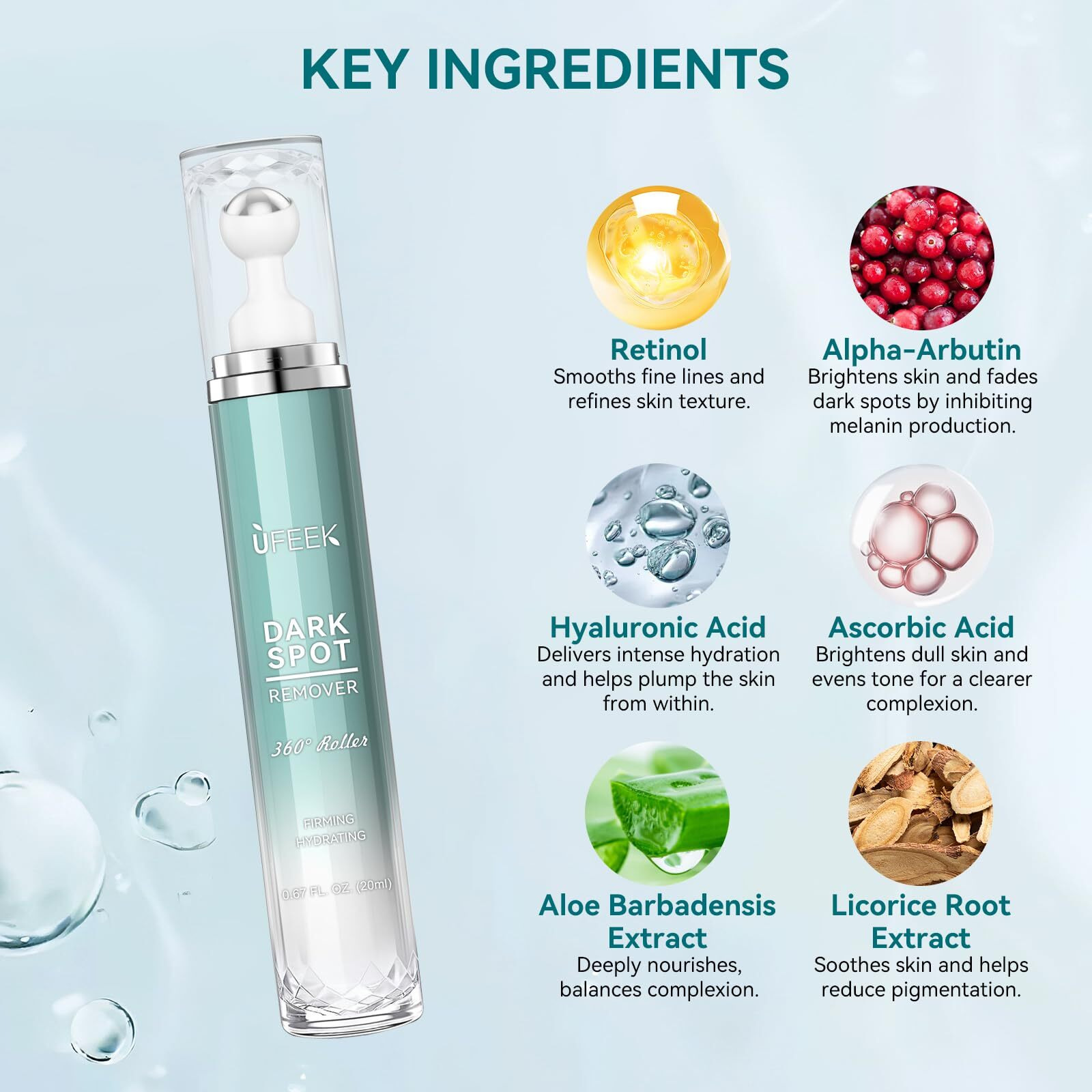 Dark Spot Remover For Face With 360 Roller Massage Ball, Dark Spot Corrector Serum For Face, Fade Sun Spot Age Spot Brown Spot For All Skin Types, 0.67 Fl. Oz
