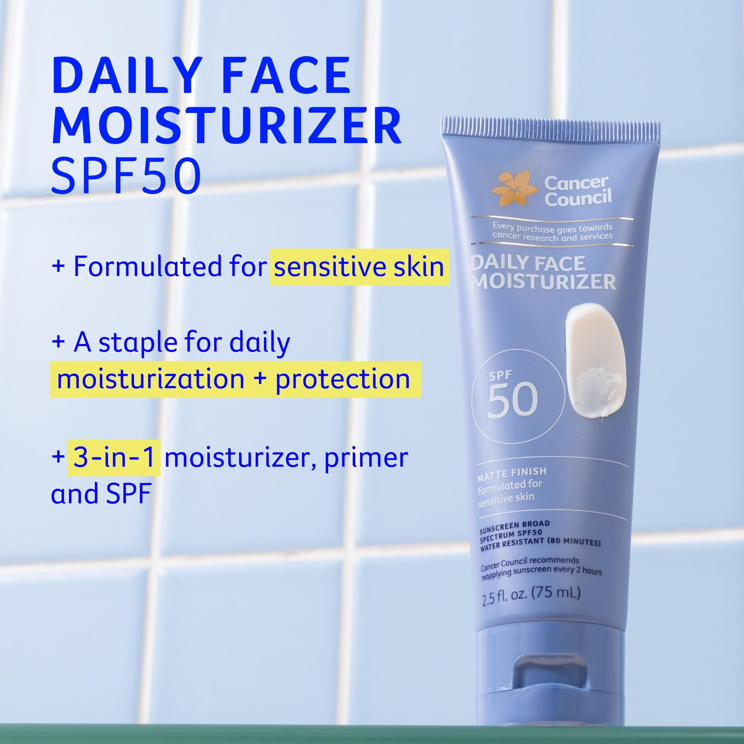 Cancer Council Daily Moisturizer Sunscreen For Face, Spf50+, Sun Care With Green Tea Extract Broad Spectrum Uva/Uvb Sun Protection, Sensitive Skin, Paraben & Fragrance Free, Water Resistant, 2.5Fl. Oz