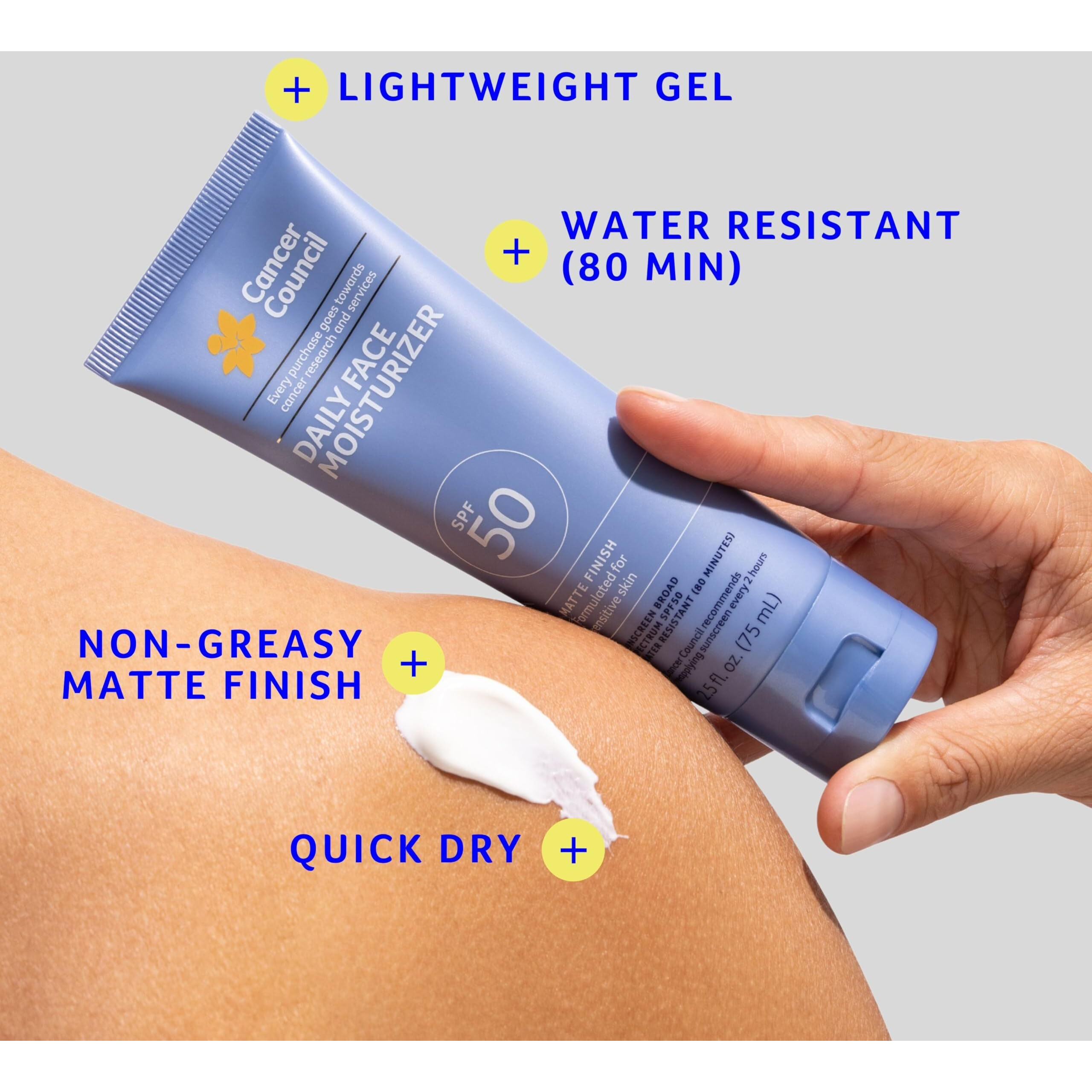 Cancer Council Daily Moisturizer Sunscreen For Face, Spf50+, Sun Care With Green Tea Extract Broad Spectrum Uva/Uvb Sun Protection, Sensitive Skin, Paraben & Fragrance Free, Water Resistant, 2.5Fl. Oz
