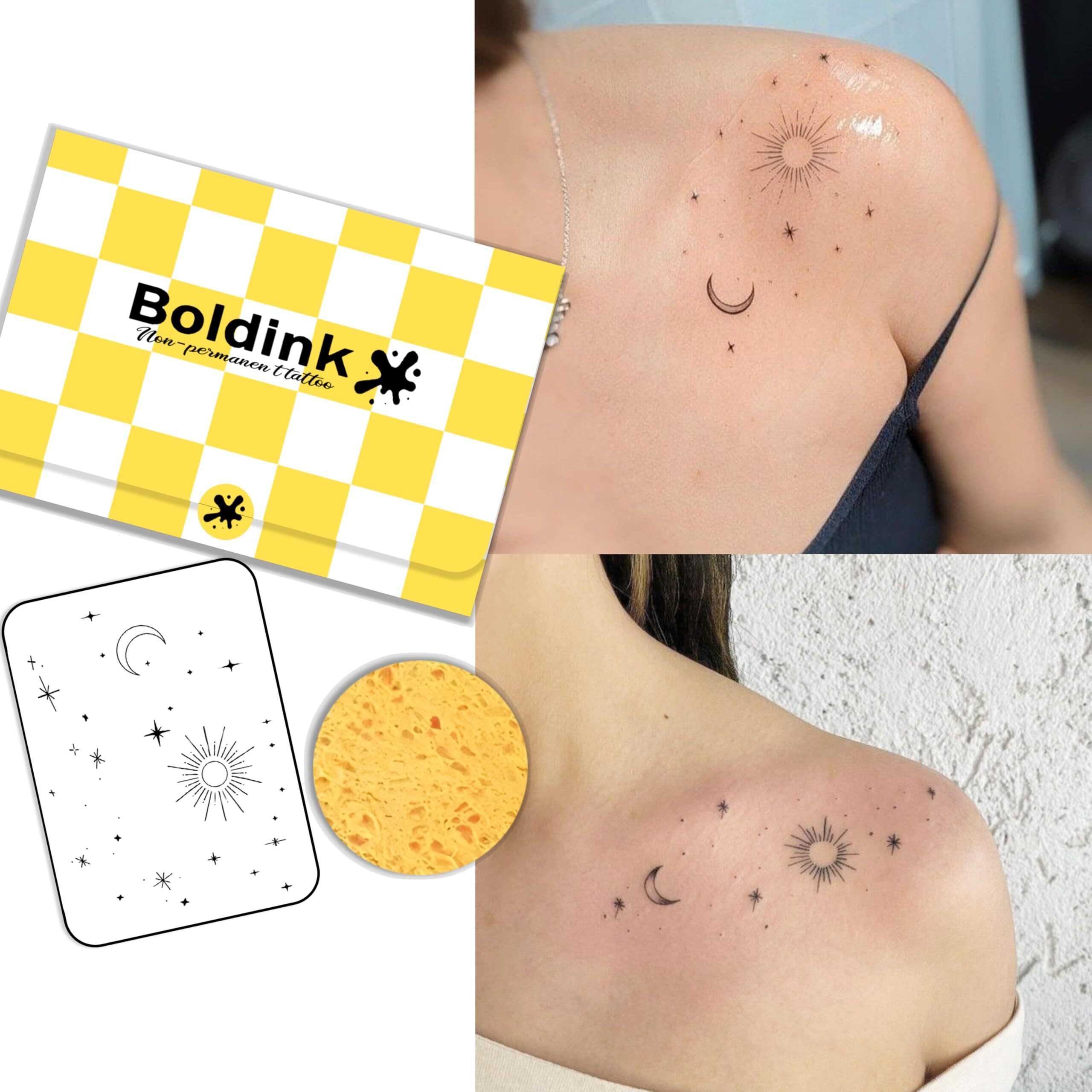 Boldink Semi-Permanent Tattoos, Realistic Fake Tattoos, Last 7-15 Days, Waterproof Non-Reflective Temporary Tattoo Stickers, Cruelty-Free, Uniquely Designed Exquisite Packaging(Sun And Moon 1 )