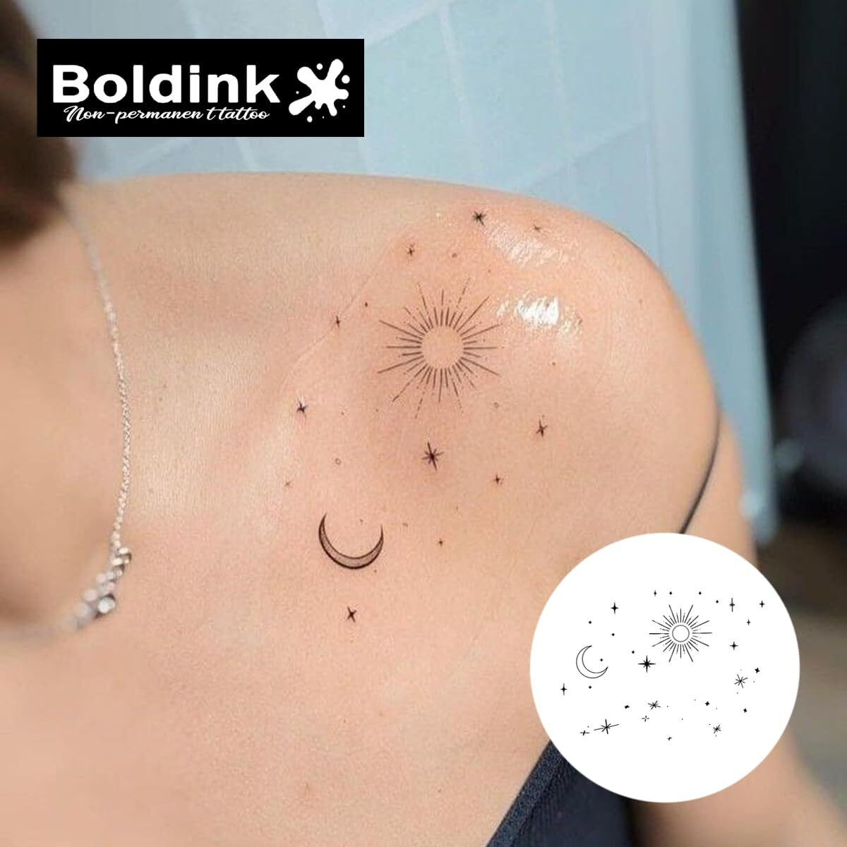 Boldink Semi-Permanent Tattoos, Realistic Fake Tattoos, Last 7-15 Days, Waterproof Non-Reflective Temporary Tattoo Stickers, Cruelty-Free, Uniquely Designed Exquisite Packaging(Sun And Moon 1 )