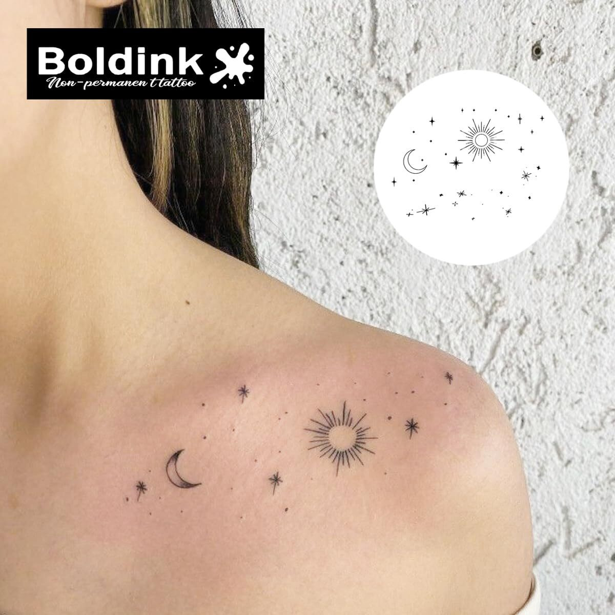 Boldink Semi-Permanent Tattoos, Realistic Fake Tattoos, Last 7-15 Days, Waterproof Non-Reflective Temporary Tattoo Stickers, Cruelty-Free, Uniquely Designed Exquisite Packaging(Sun And Moon 1 )