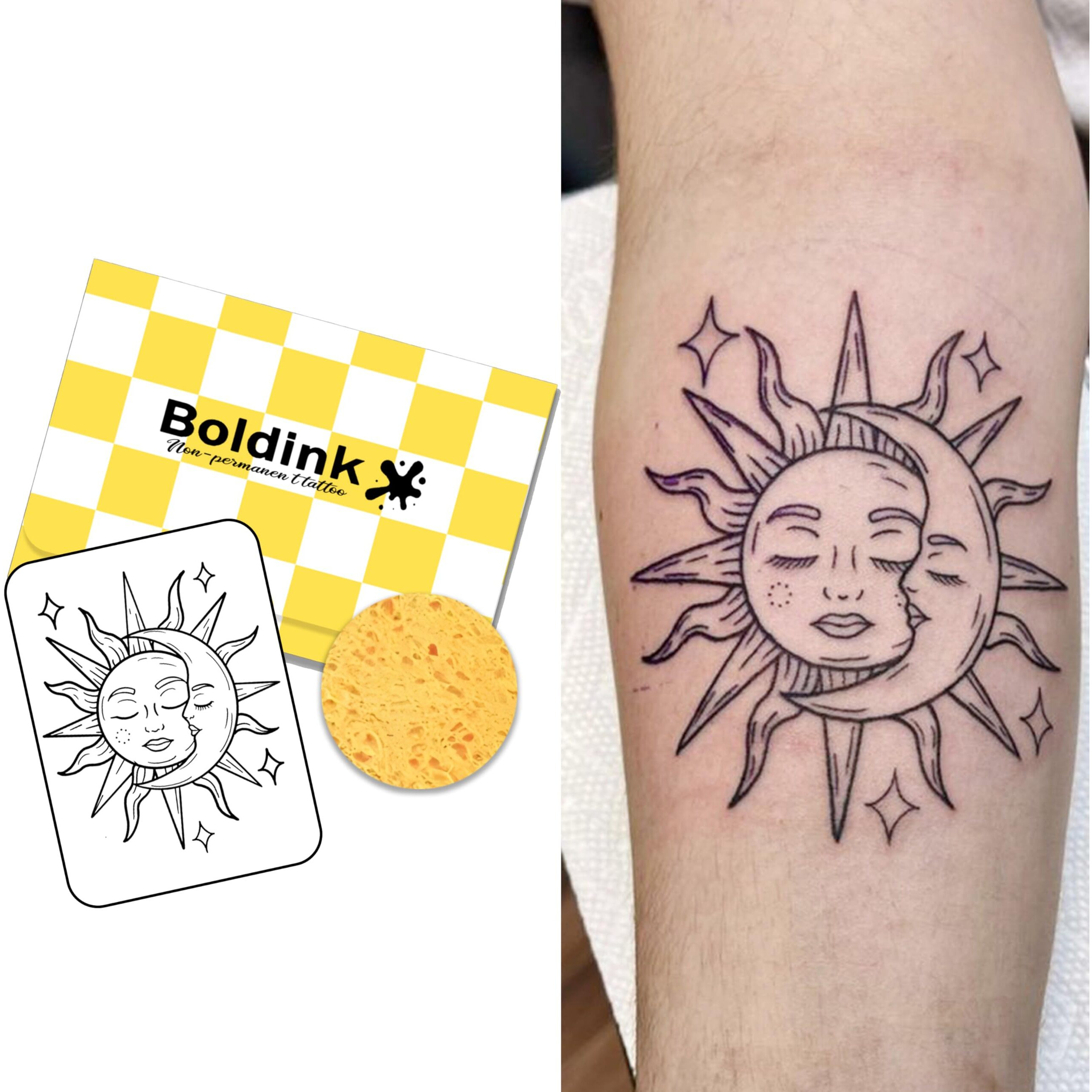 Boldink Semi-Permanent Tattoos, Realistic Fake Tattoos, Last 7-15 Days, Waterproof Non-Reflective Temporary Tattoo Stickers, Cruelty-Free, Uniquely Designed Exquisite Packaging(Sun And Moon 3)