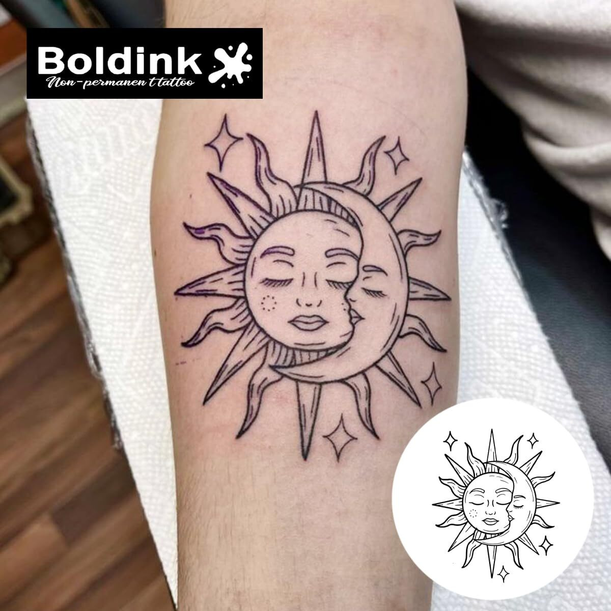 Boldink Semi-Permanent Tattoos, Realistic Fake Tattoos, Last 7-15 Days, Waterproof Non-Reflective Temporary Tattoo Stickers, Cruelty-Free, Uniquely Designed Exquisite Packaging(Sun And Moon 3)