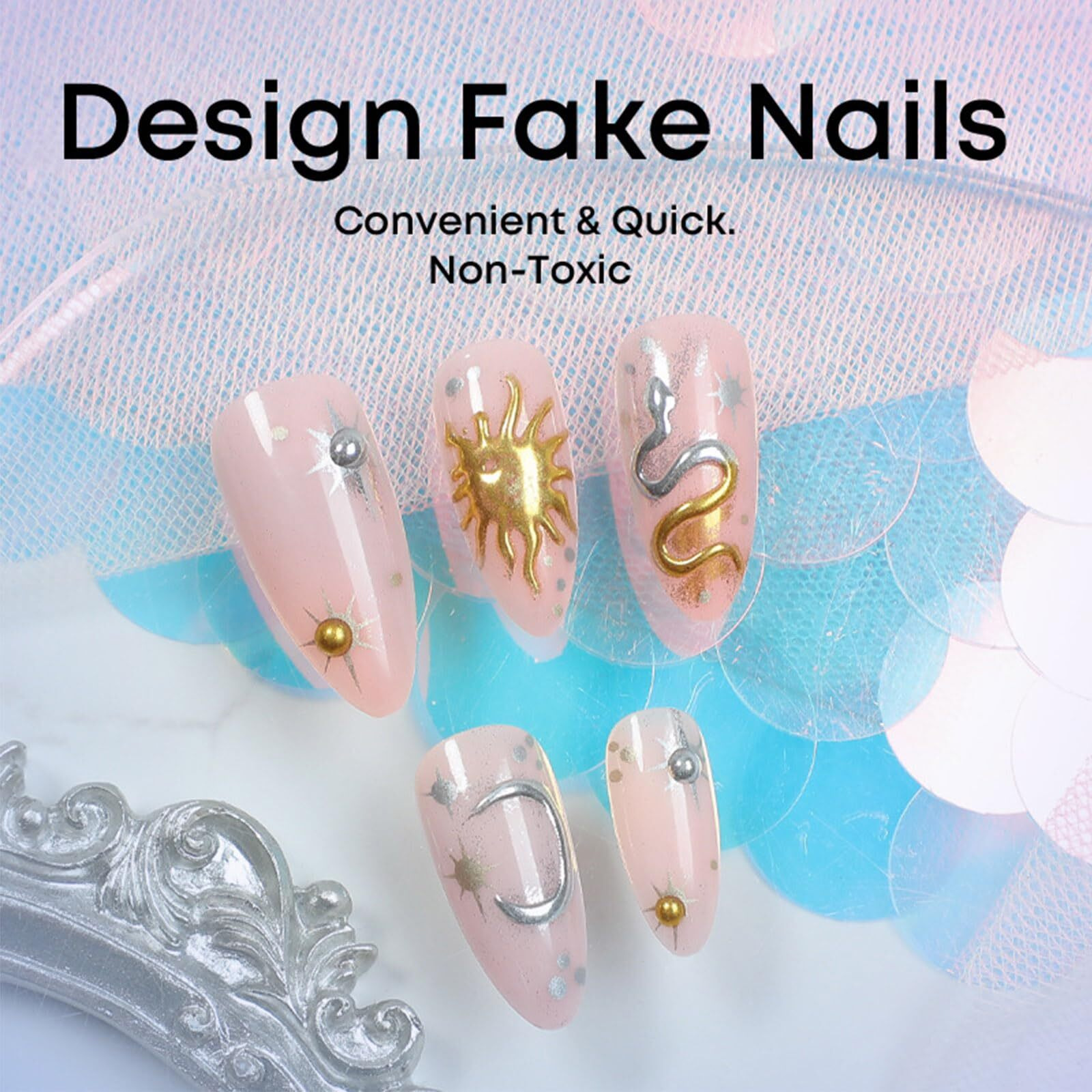 24Pcs 3D Snake Press On Nails Gold Sun Gel Glue On Fingernails Moon Medium Almond Fake Nails Glossy Silver Glitter Stick On Nail Acrylic Full Cover False Nail For Holiday Manicure Art