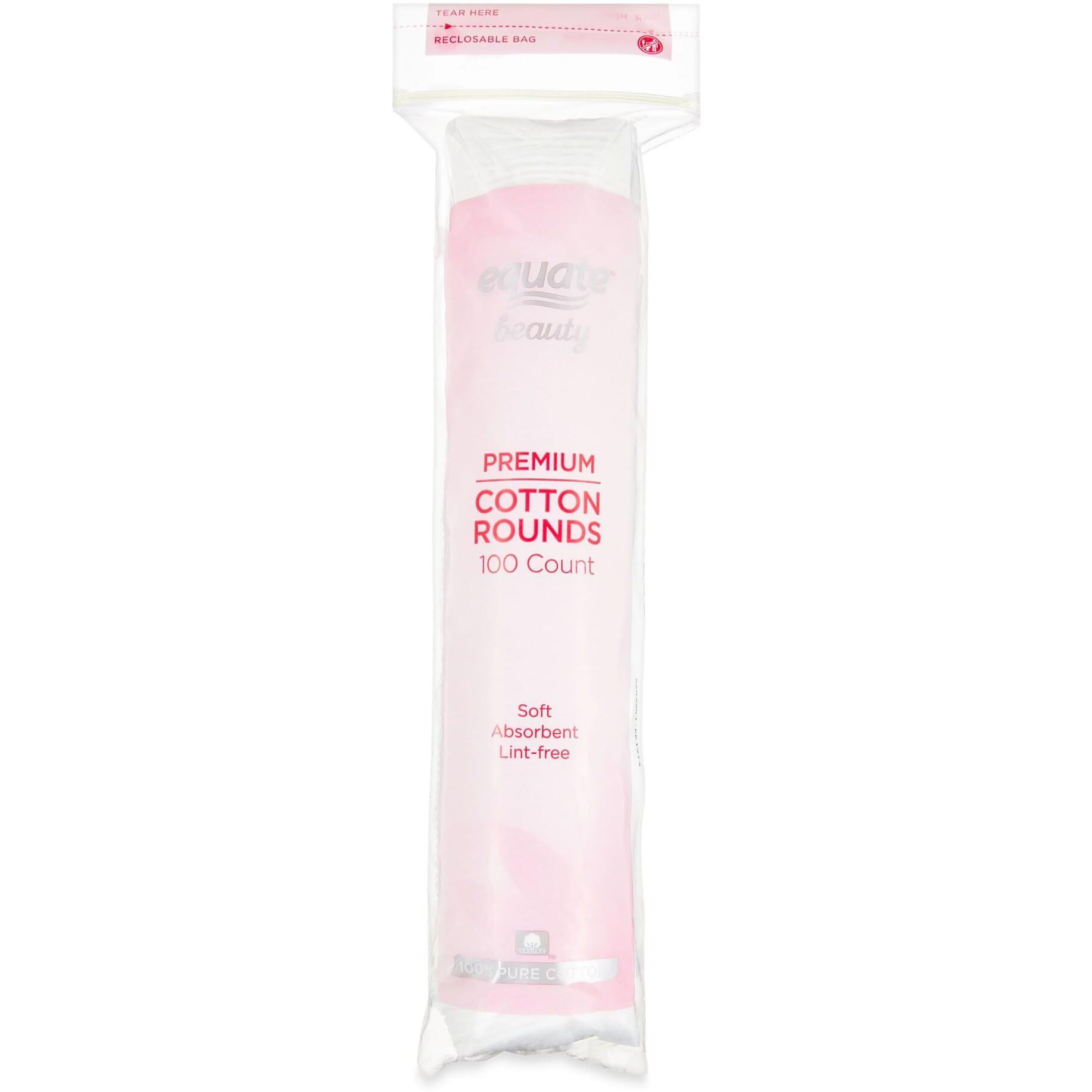 Equate Beauty Premium Cotton Rounds Facial Pads Makeup Remover, Soft, Absorbent, Lint-Free, Natural Pure 100% Cotton, 100 Count - 1 Pack